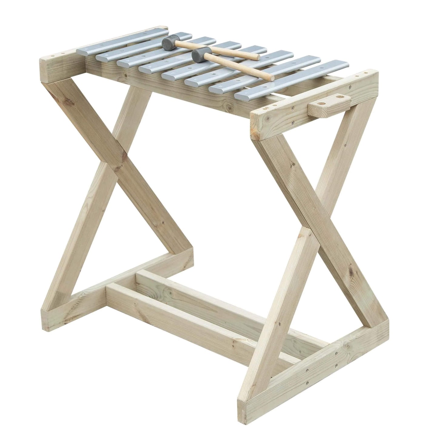 Classic World Outdoor Metallophone, a wooden stand with metal keys and two mallets, designed for outdoor musical play.