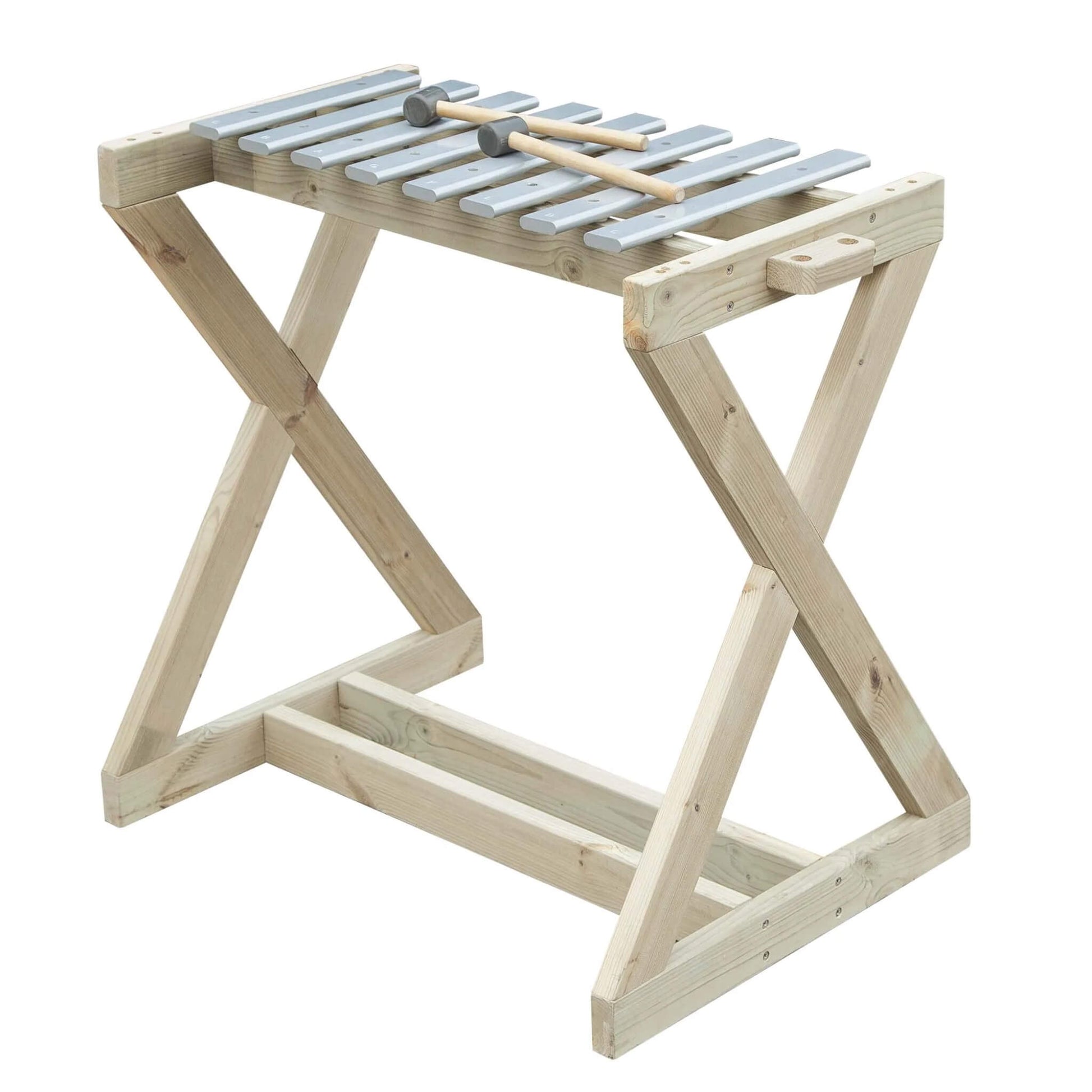 Classic World Outdoor Metallophone, a wooden stand with metal keys and two mallets, designed for outdoor musical play.