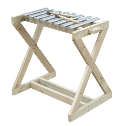 Classic World Outdoor Metallophone, a wooden stand with metal keys and two mallets, designed for outdoor musical play.