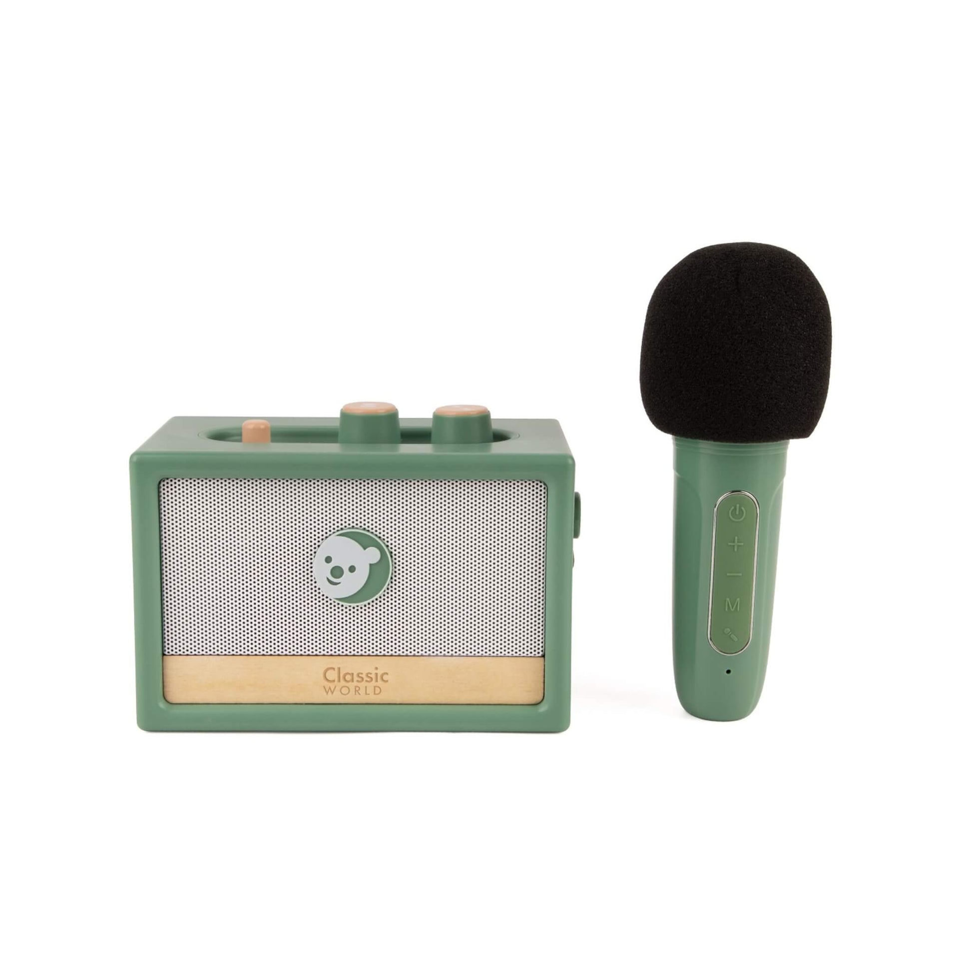 Classic World Mini Retro Tunes children’s karaoke set with green speaker and matching handheld microphone on a plain background.