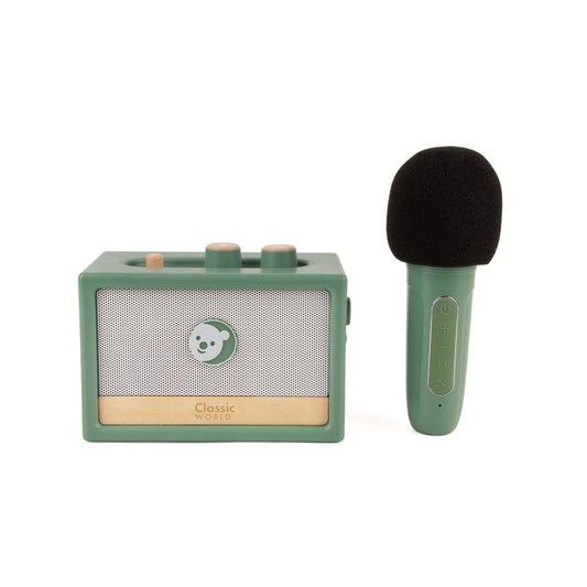 Classic World Mini Retro Tunes children’s karaoke set with green speaker and matching handheld microphone on a plain background.