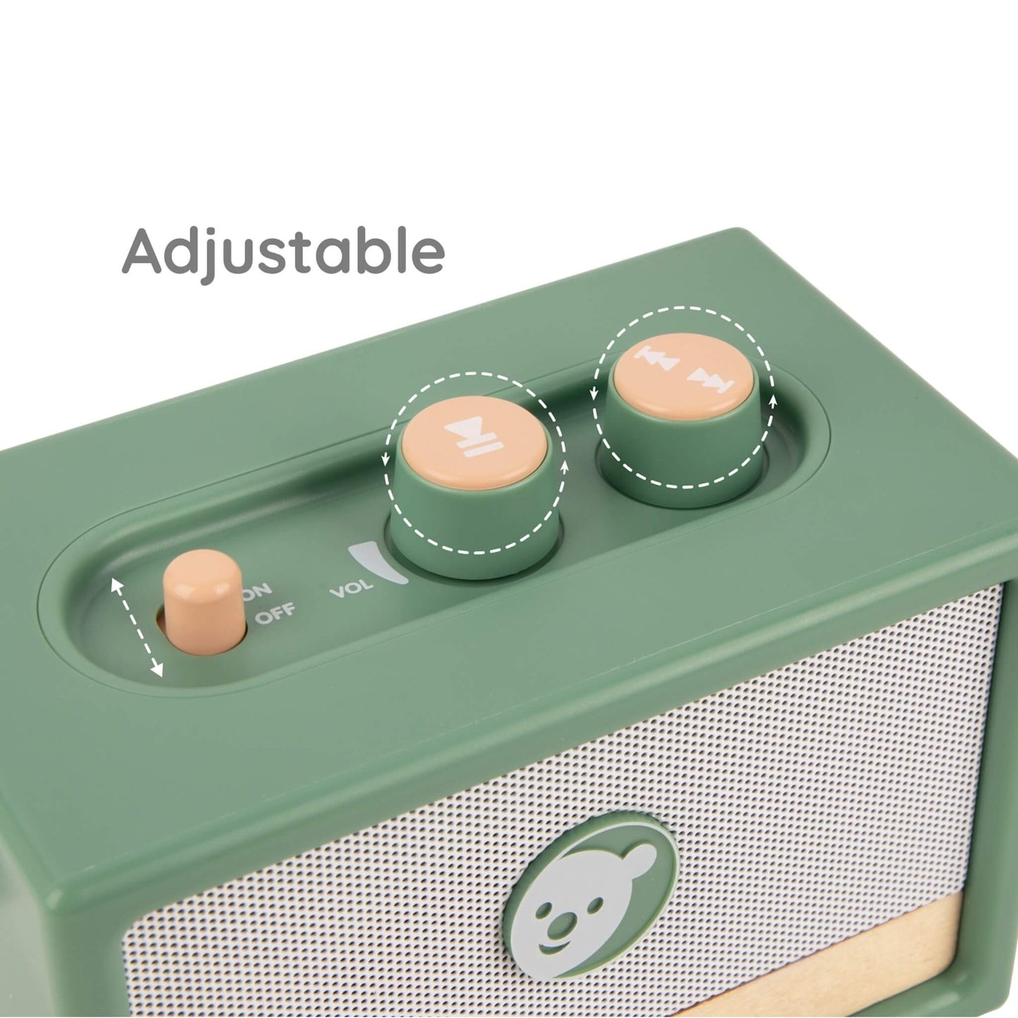 Close-up of toy speaker top controls with adjustable volume knobs and on off switch highlighted for easy use.