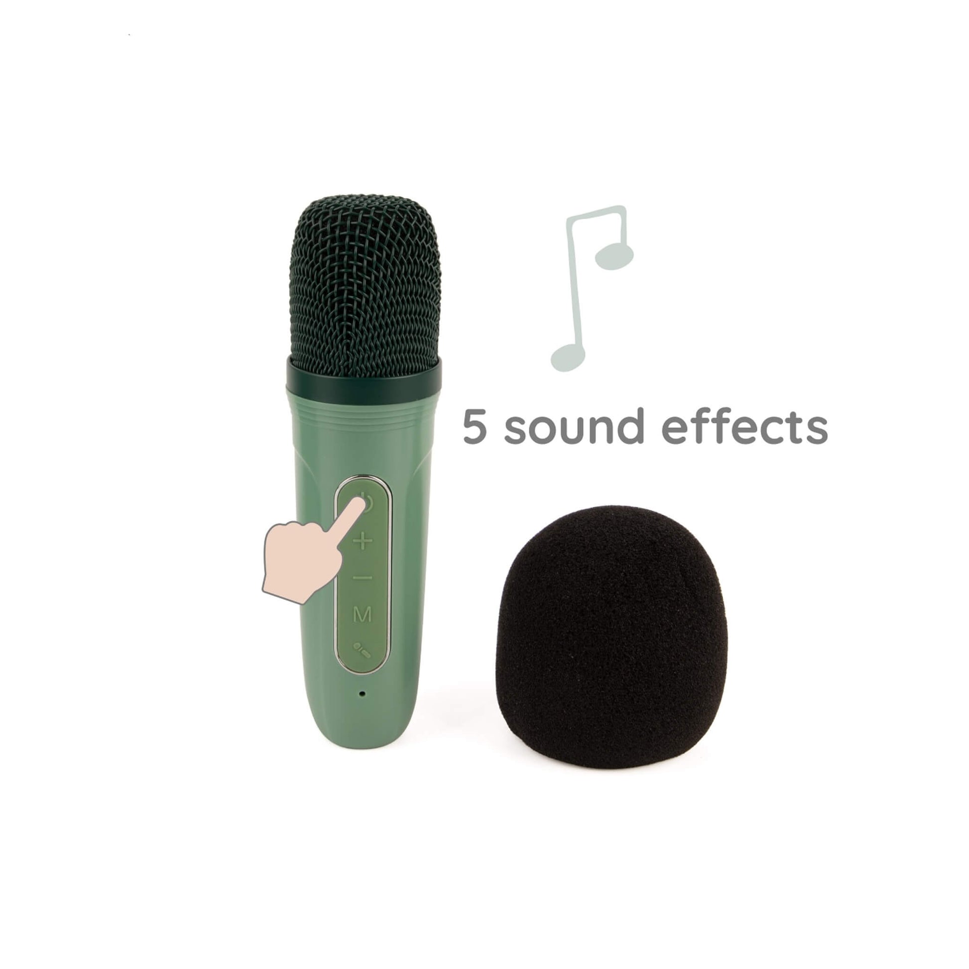 Child-sized green microphone with removable foam cover and buttons, showing built-in sound effects feature.