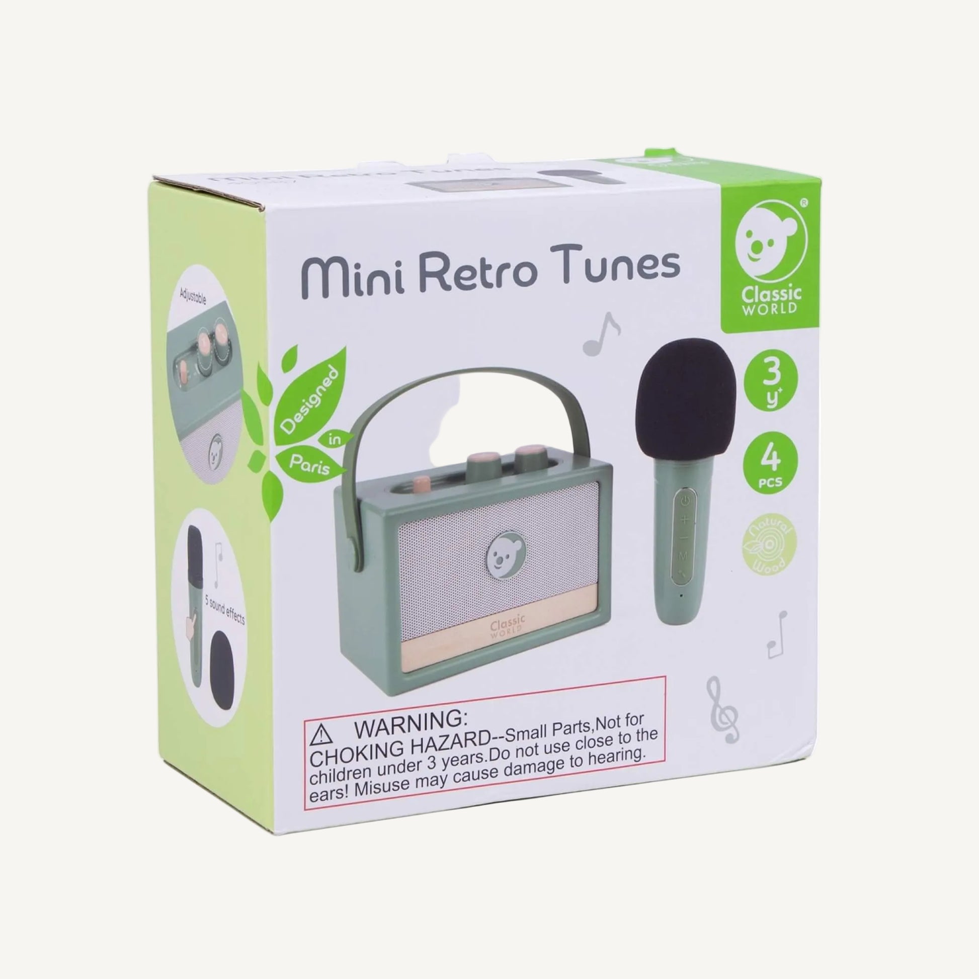 Retail packaging box showing Mini Retro Tunes set with speaker and microphone, including product features and age guidance.