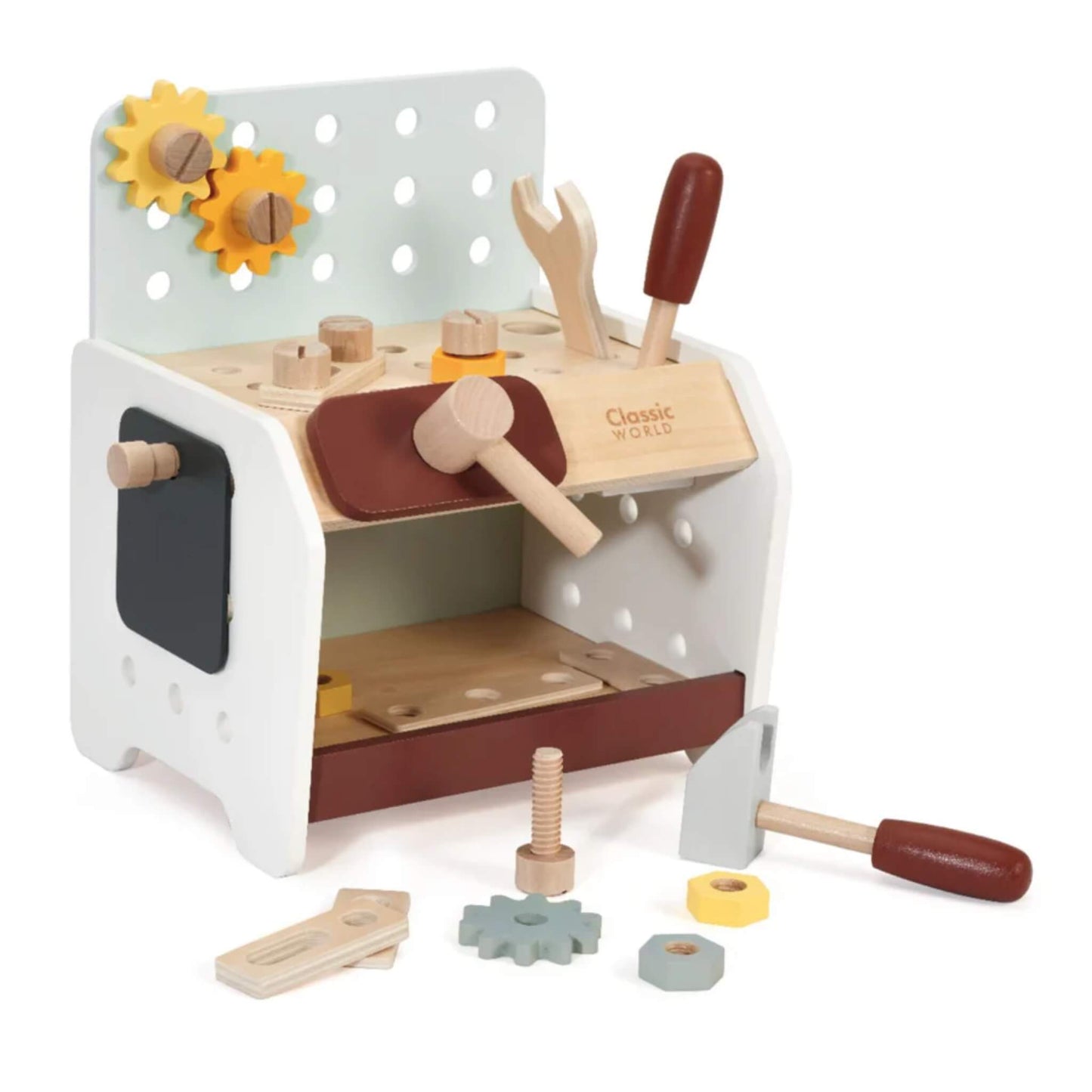 Children’s wooden mini workbench with toy tools, loose gears, and bolts scattered on the floor, showing play-in-progress setup.