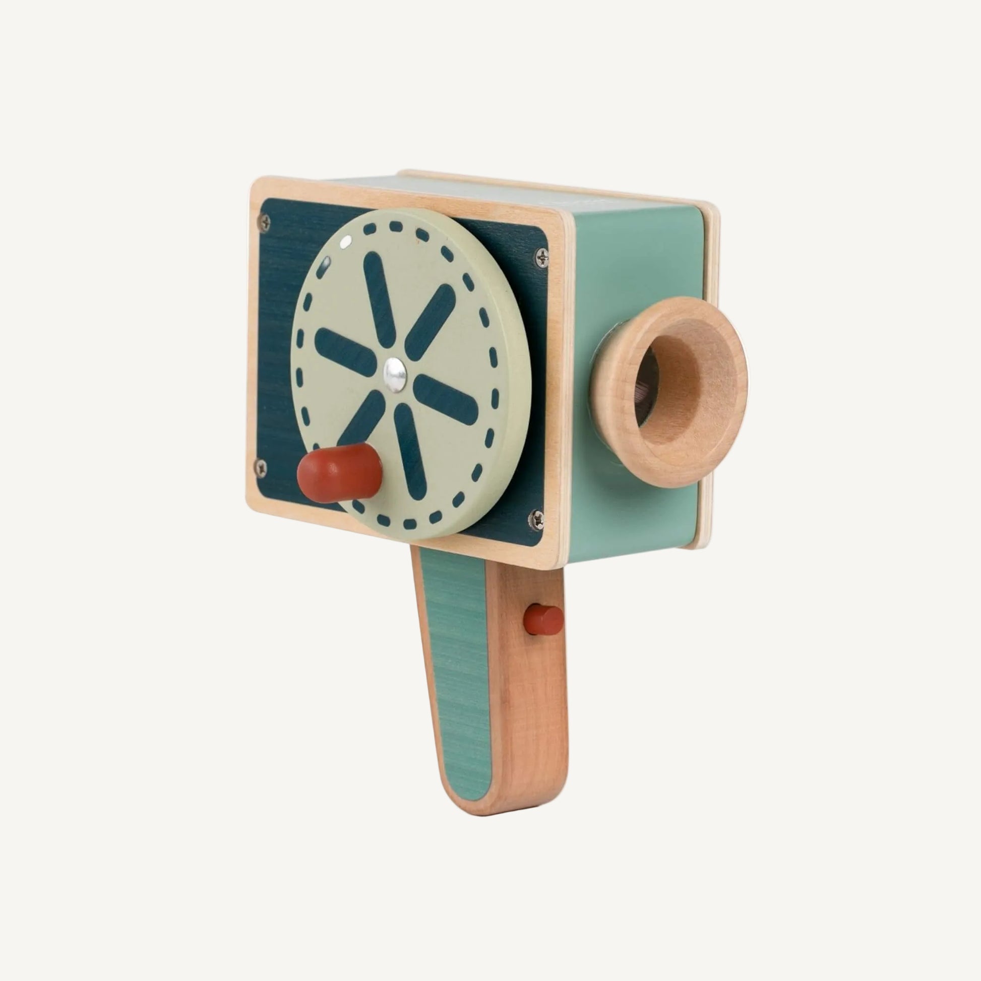 Wooden pretend play movie camera toy showing rear view with rotating reel handle, viewfinder lens and teal and natural wood finish.