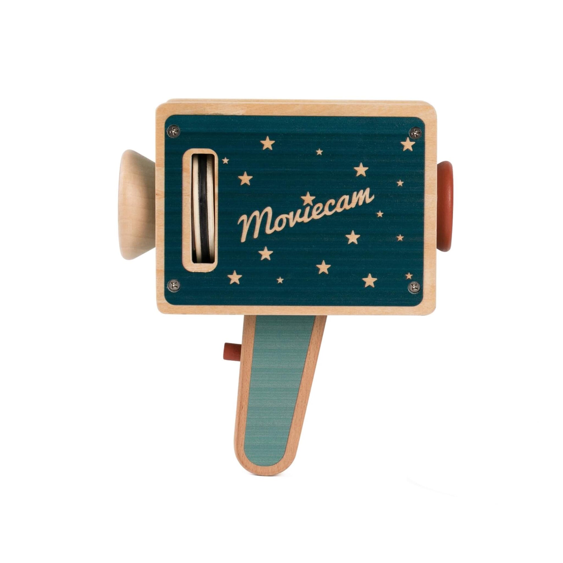 Classic World Vintage Movie Camera wooden toy with teal body, star pattern and kaleidoscope viewing window, shown side on against a neutral background.