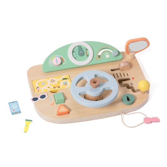 Classic World Multi-Function Steering Wheel wooden toy dashboard with gear stick, mirror, speedometer and interactive driving controls on a plain background.