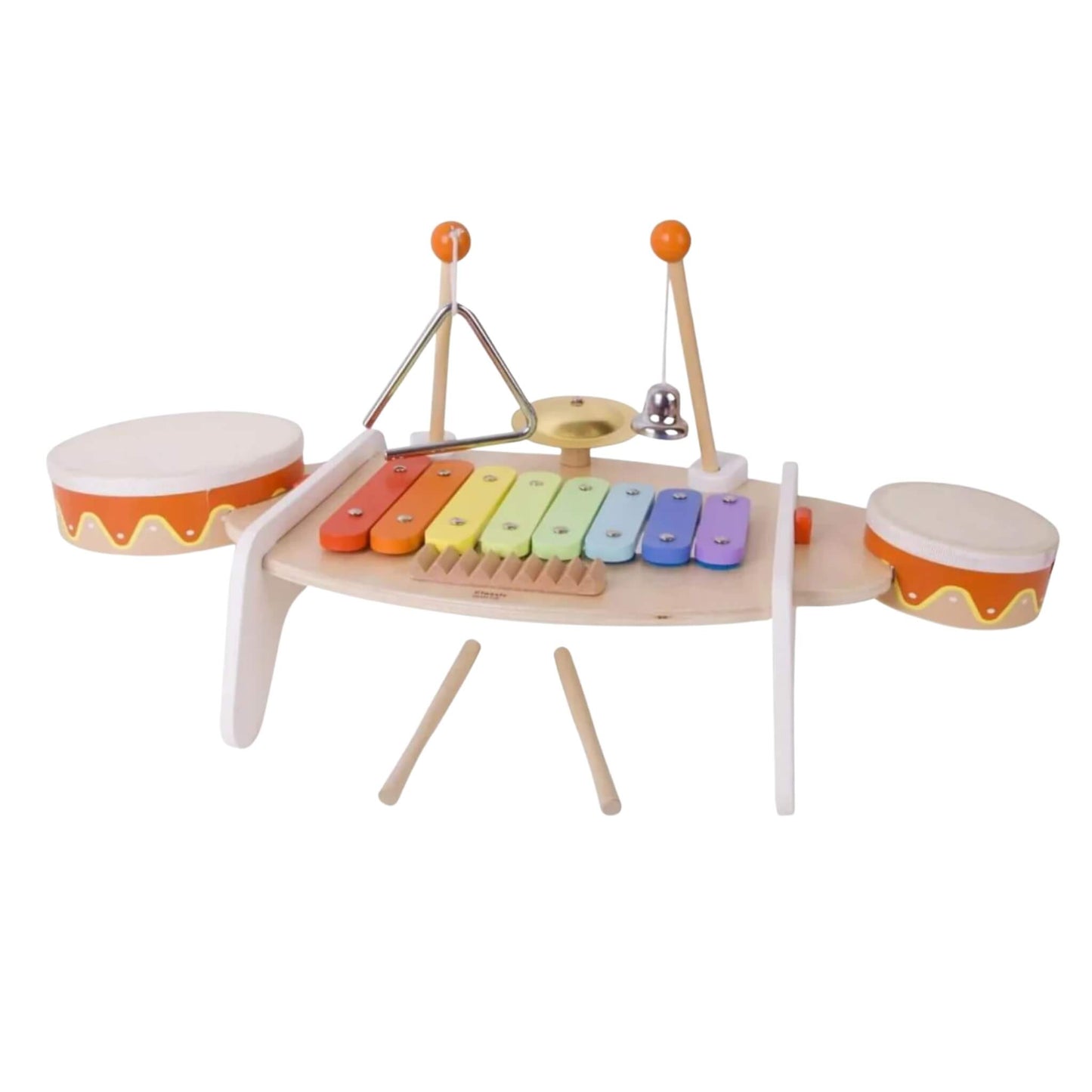 A wooden music table from Classic World featuring rainbow xylophone, two small drums, triangle, cymbal, bell, guiro, and wooden drumsticks.