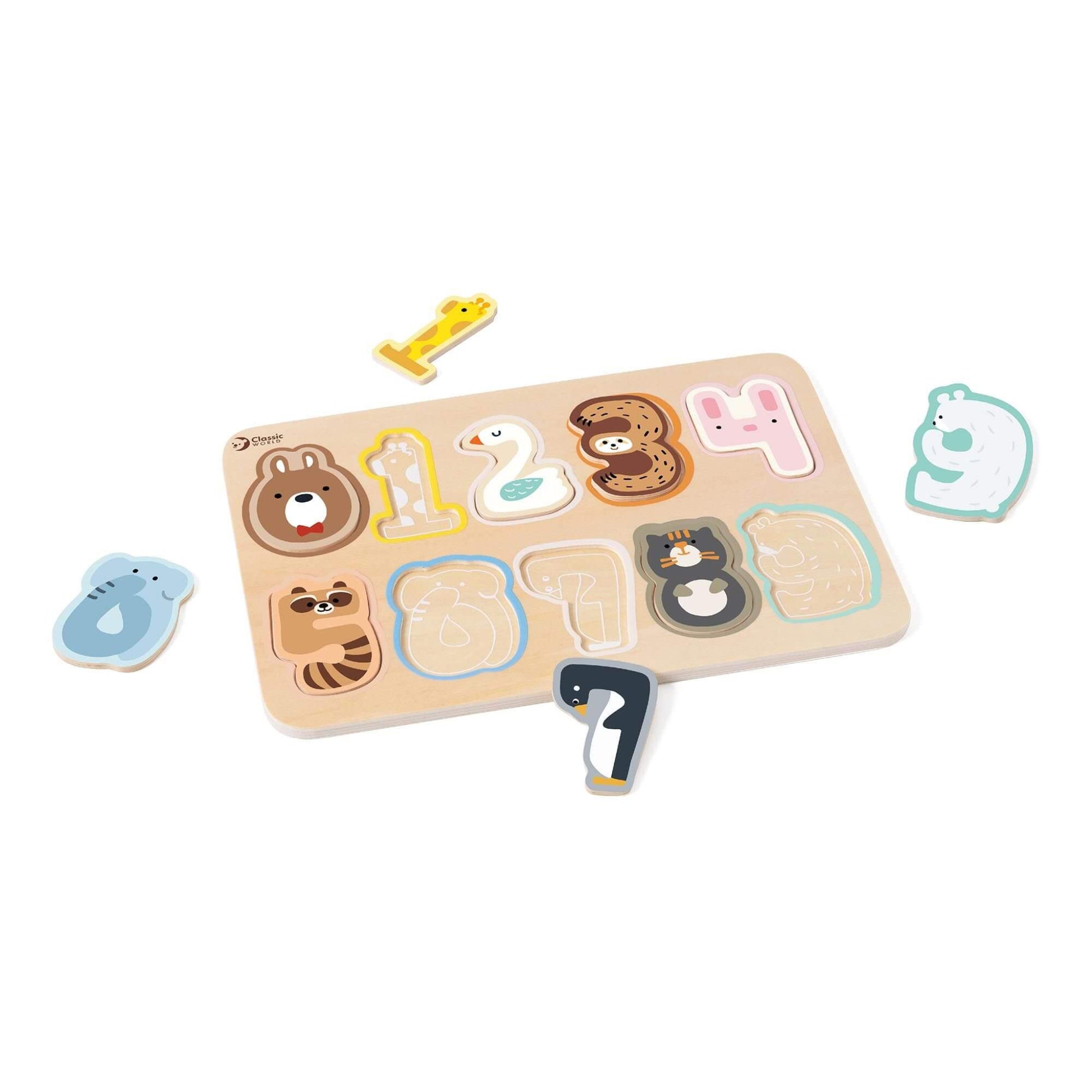 A wooden Number Puzzle with animal-themed wooden pieces for numbers 1–10, designed to teach counting and number recognition.
