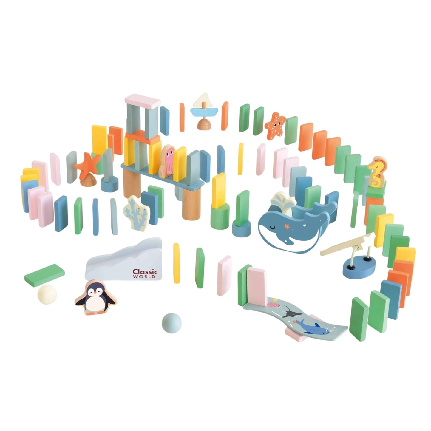A colourful ocean-themed domino set from Classic World, featuring pastel domino pieces, sea creature figures, ramps, and playful accessories.