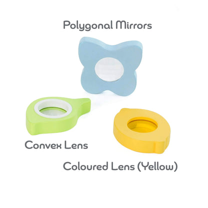 Three handheld toy visual tools in pastel colours, including a blue polygonal mirror, a green convex lens, and a yellow coloured lens, each with different optical functions.