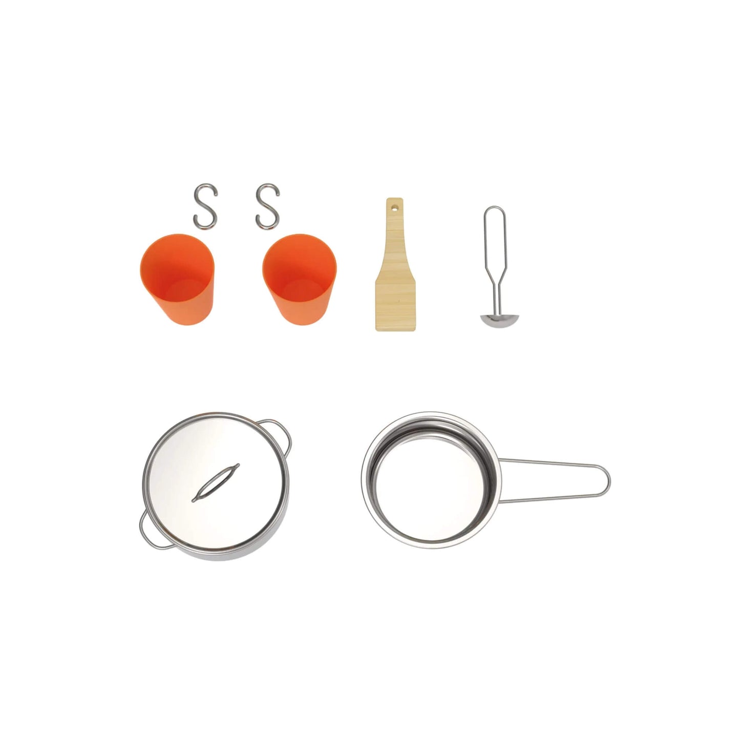 Flat lay of two orange cups, two metal S-hooks, a wooden spatula, a metal ladle, and two stainless steel pots with handles and lids. Accessories for a wooden toy outdoor kitchen.