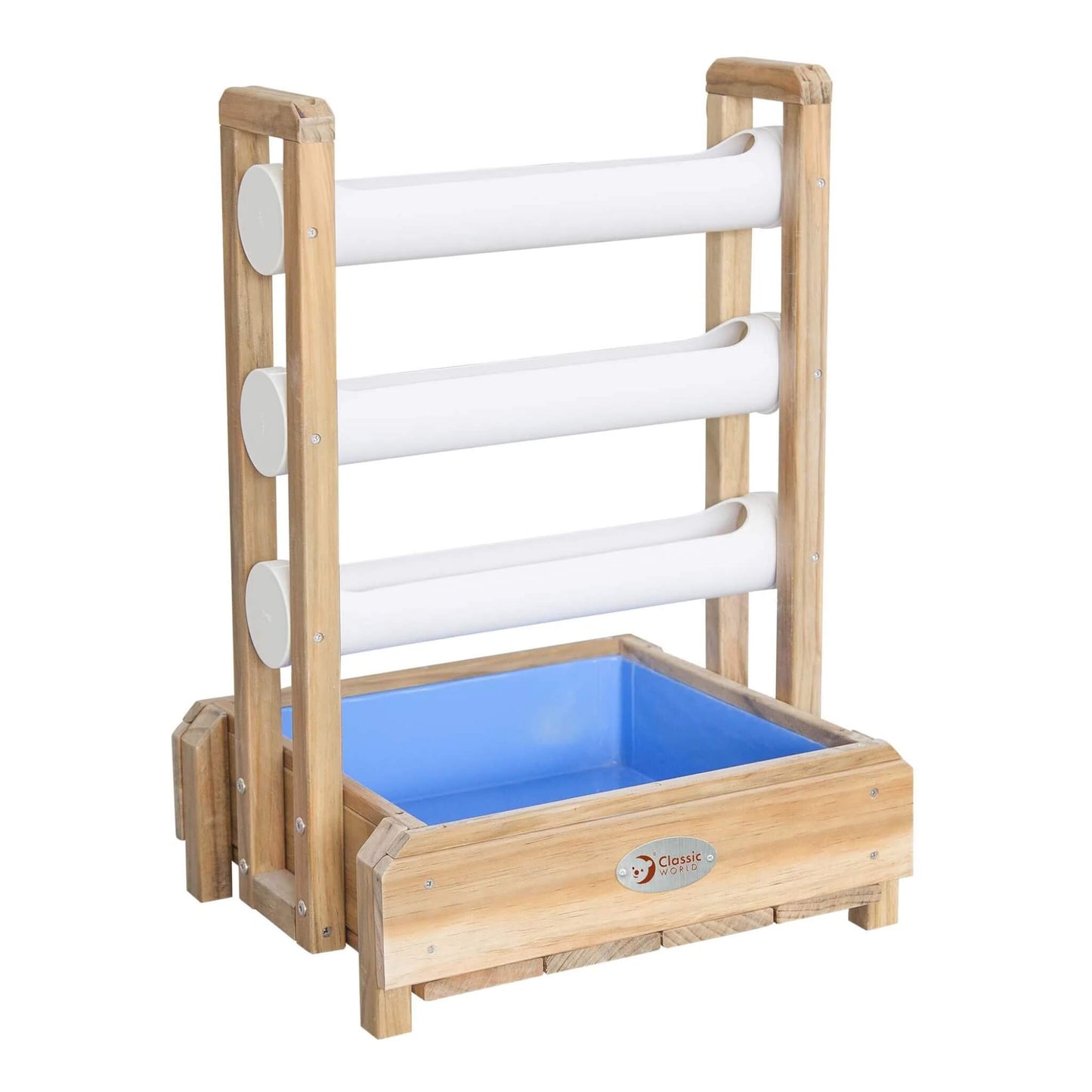 Classic World Outdoor Happy Water Drip, a wooden play wall with three white chutes and blue basin for outdoor water play and exploration.