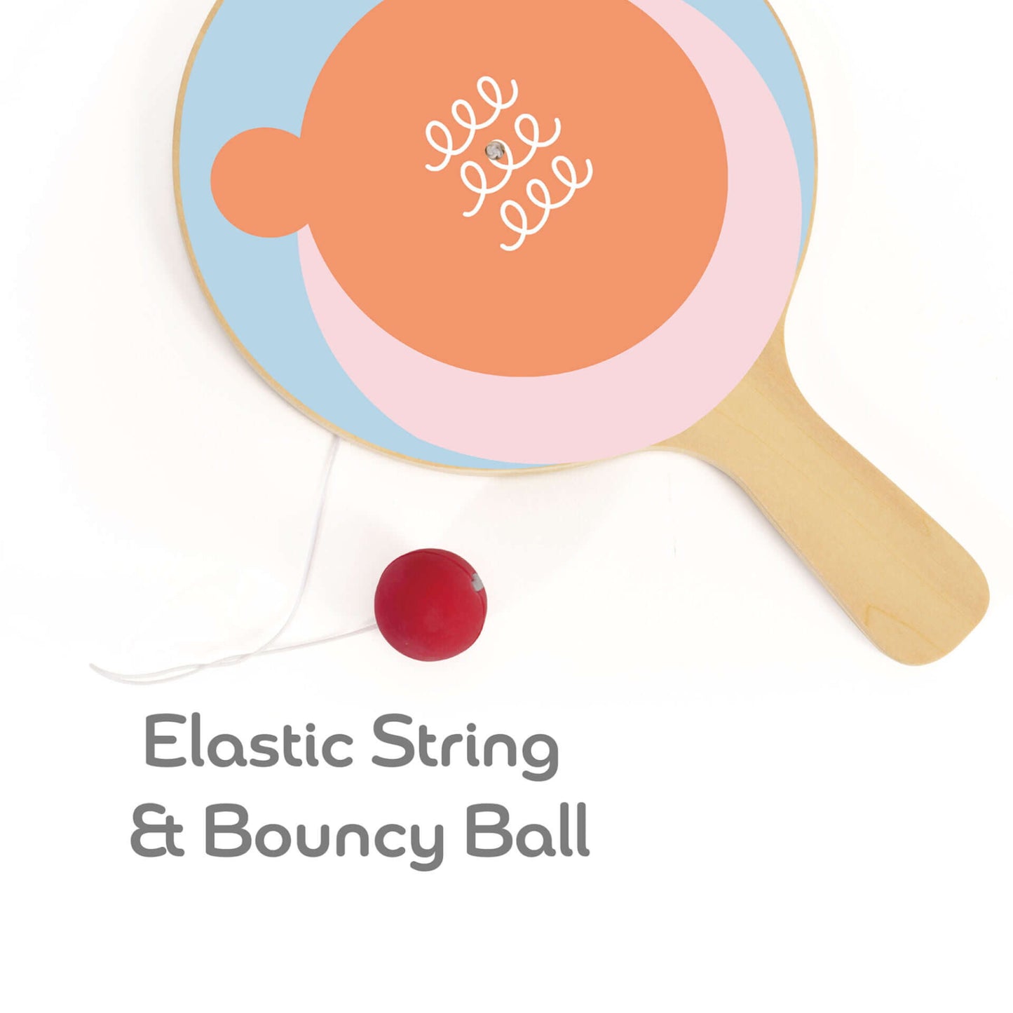 A close-up of a bear-themed wooden paddle ball toy showing a red rubber ball attached to the paddle by a white elastic cord.