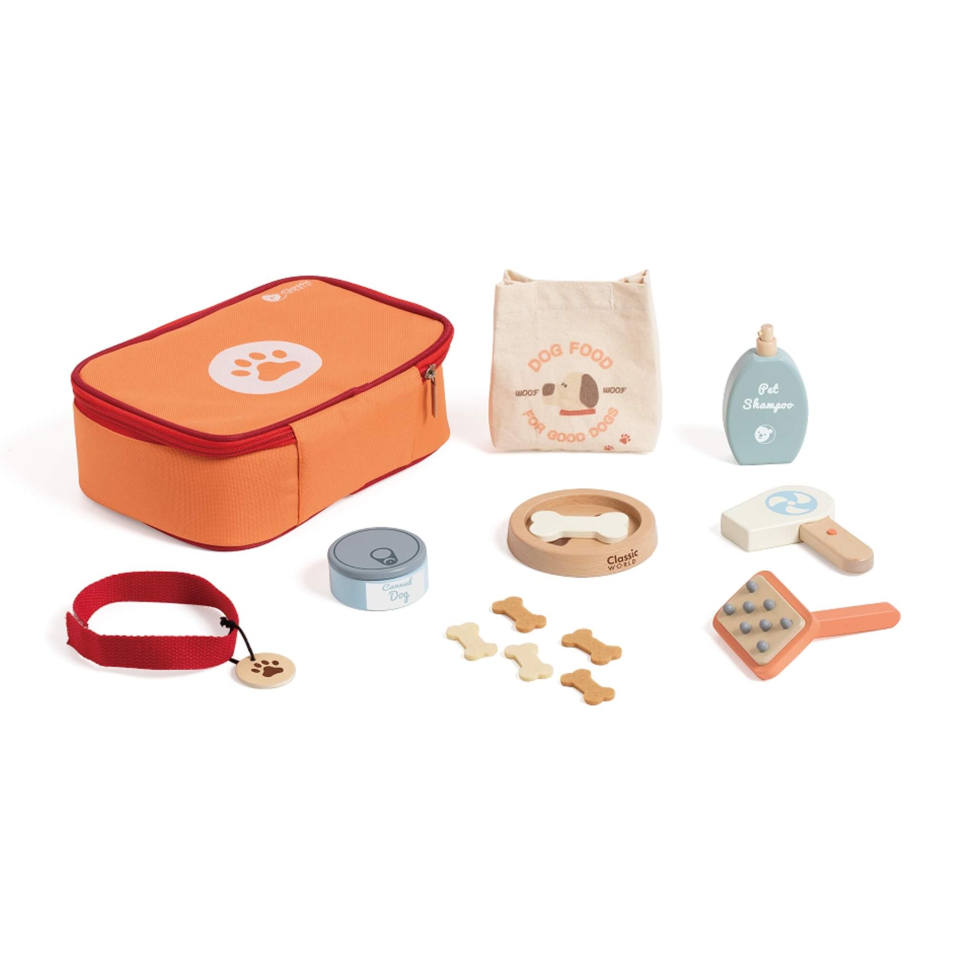 Classic World Pet Care Playset wooden pretend play feeding and grooming set with carry case, food bowl, brush, shampoo bottle and accessories.
