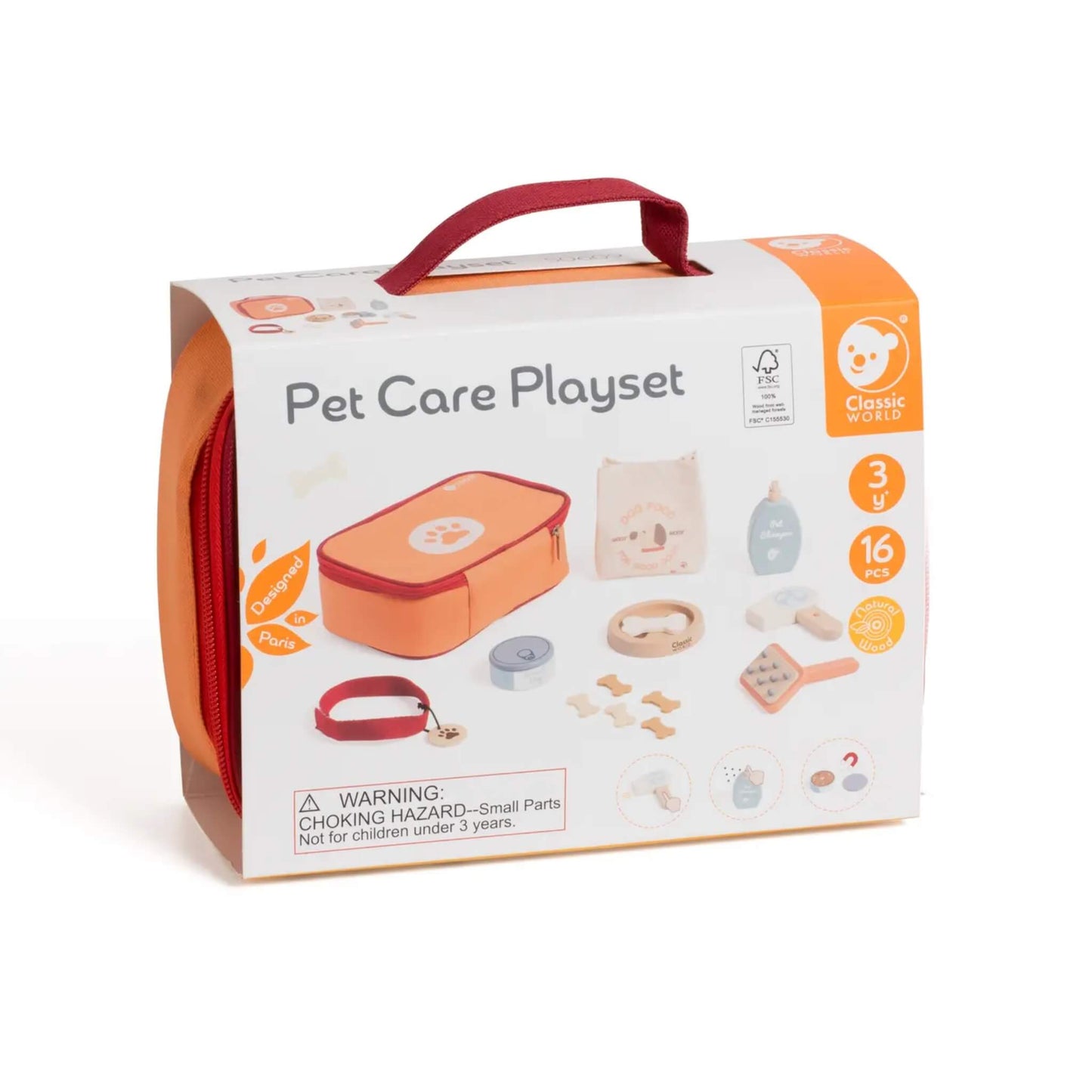 Packaging for wooden pet care playset showing contents including grooming tools, food accessories and carry case.