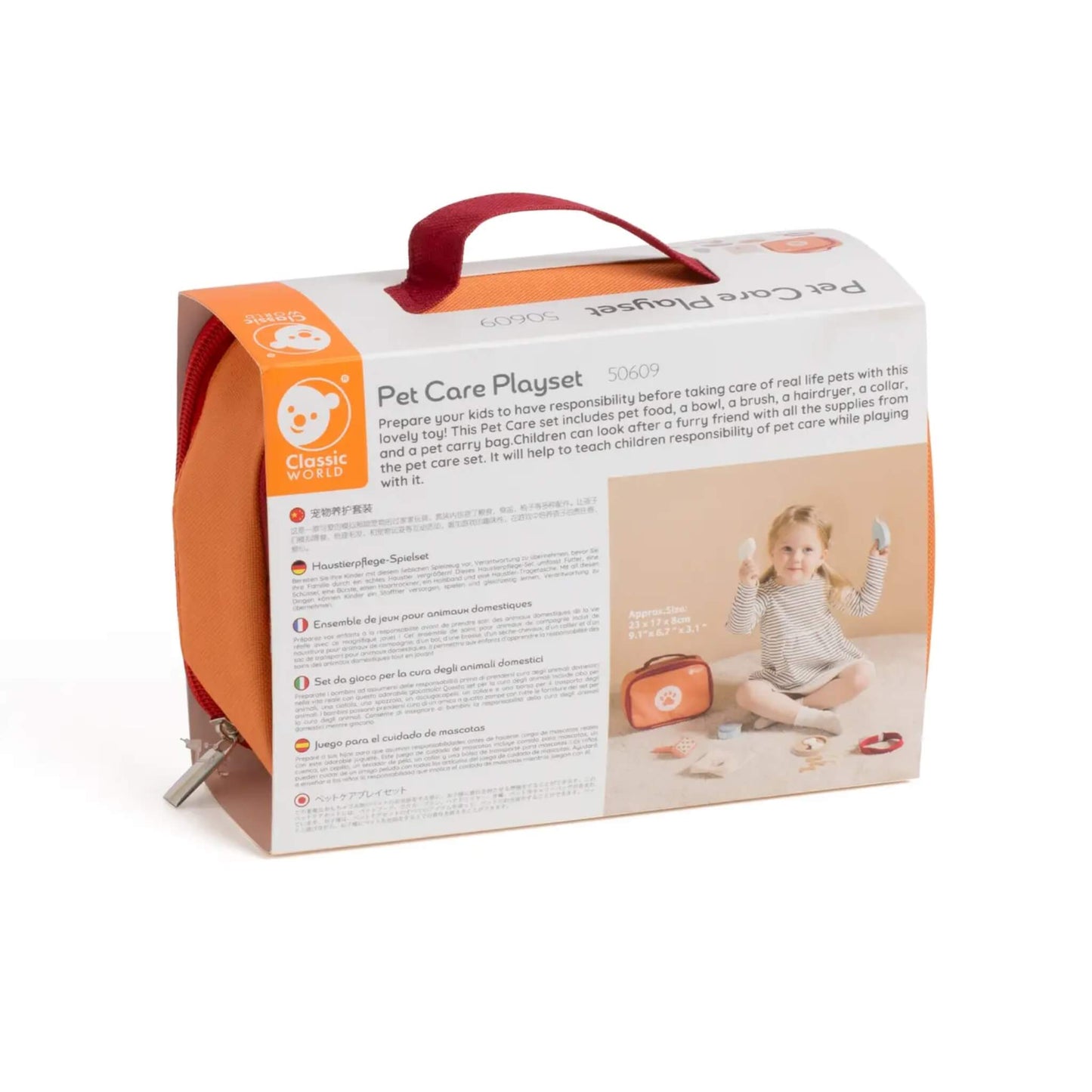 Back of toy packaging displaying product details, illustrations and child playing with wooden pet care set.