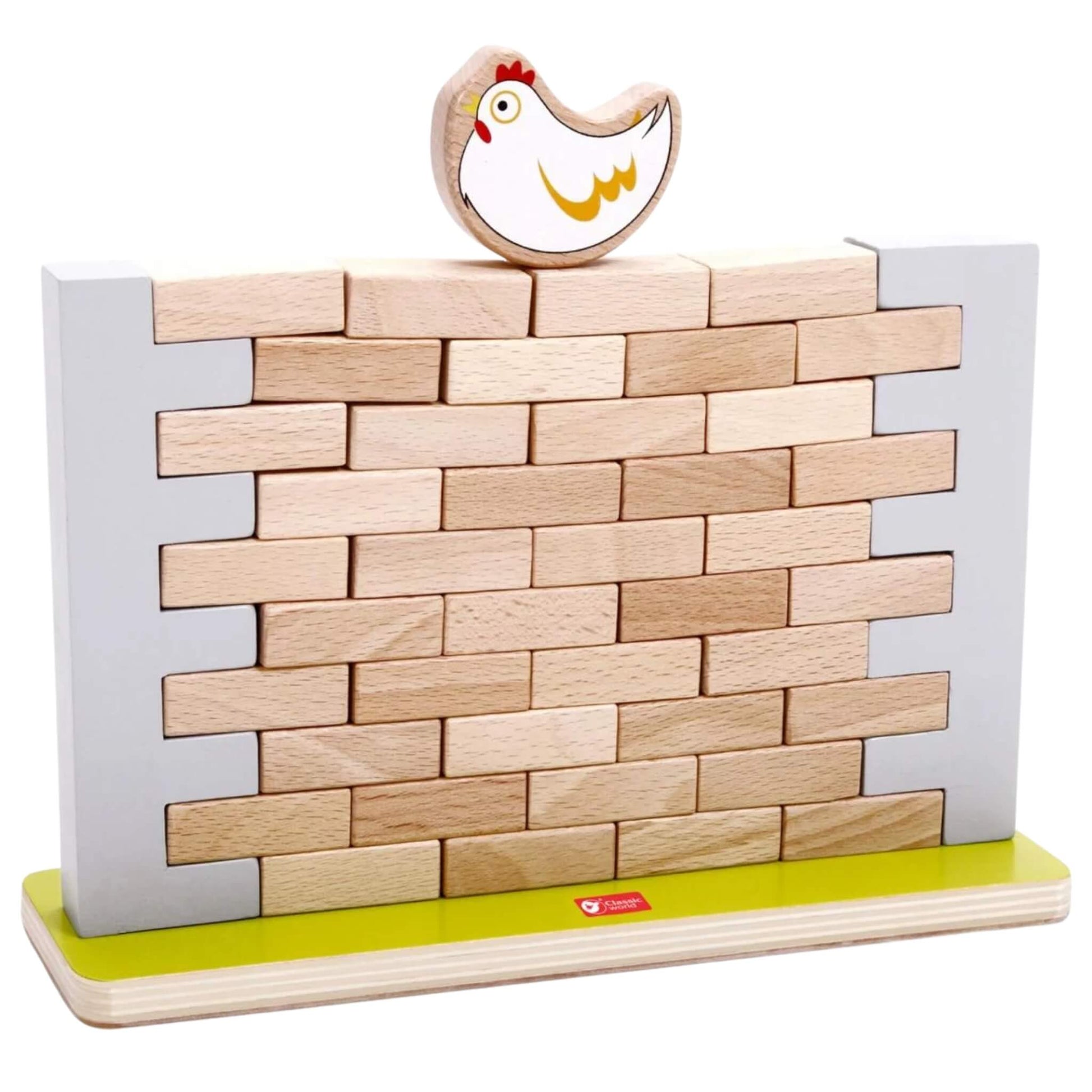 A jenga style wooden wall game made from light-coloured rectangular bricks stacked between two grey supports, with a painted wooden chicken figure perched on top.