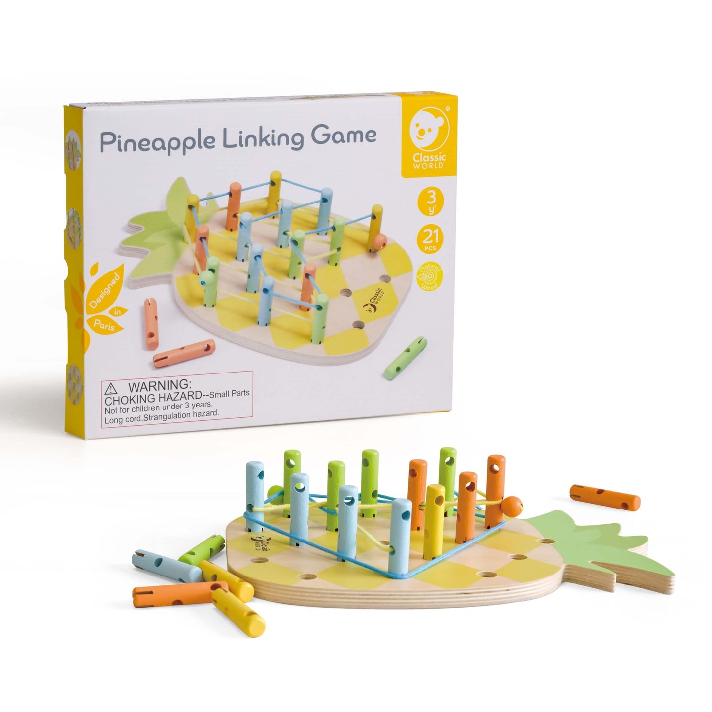 Linking Game with its packaging, showcasing a colourful wooden base, vibrant pegs, and threads for creative play.