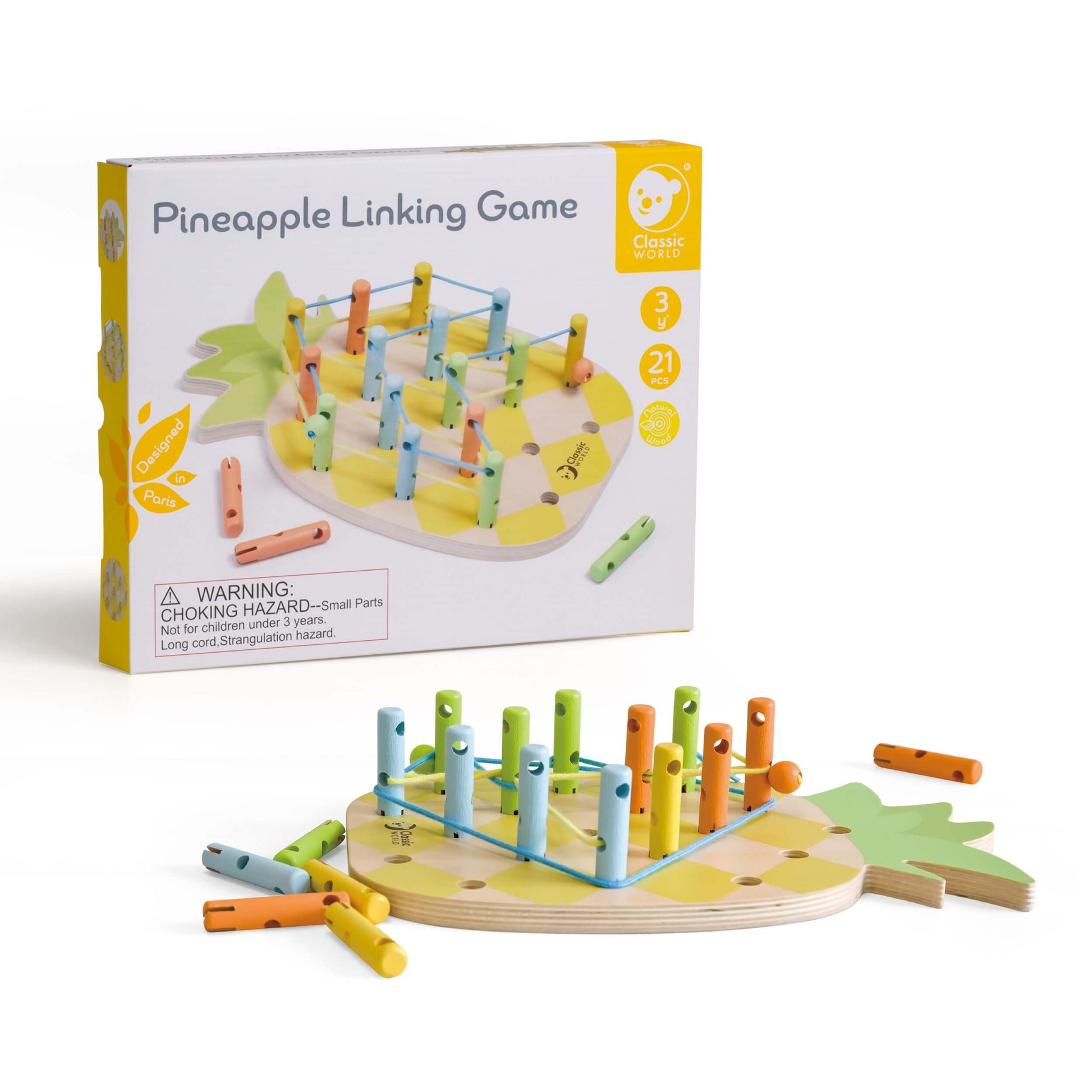 Linking Game with its packaging, showcasing a colourful wooden base, vibrant pegs, and threads for creative play.