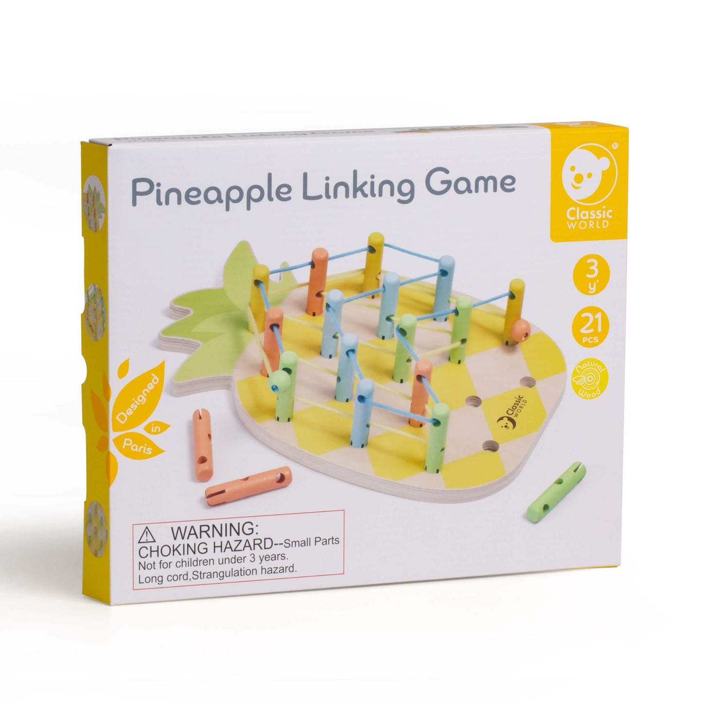 Packaging of the Classic World Pineapple Linking Game, featuring a vibrant design with colourful pegs and threading options for creative play.