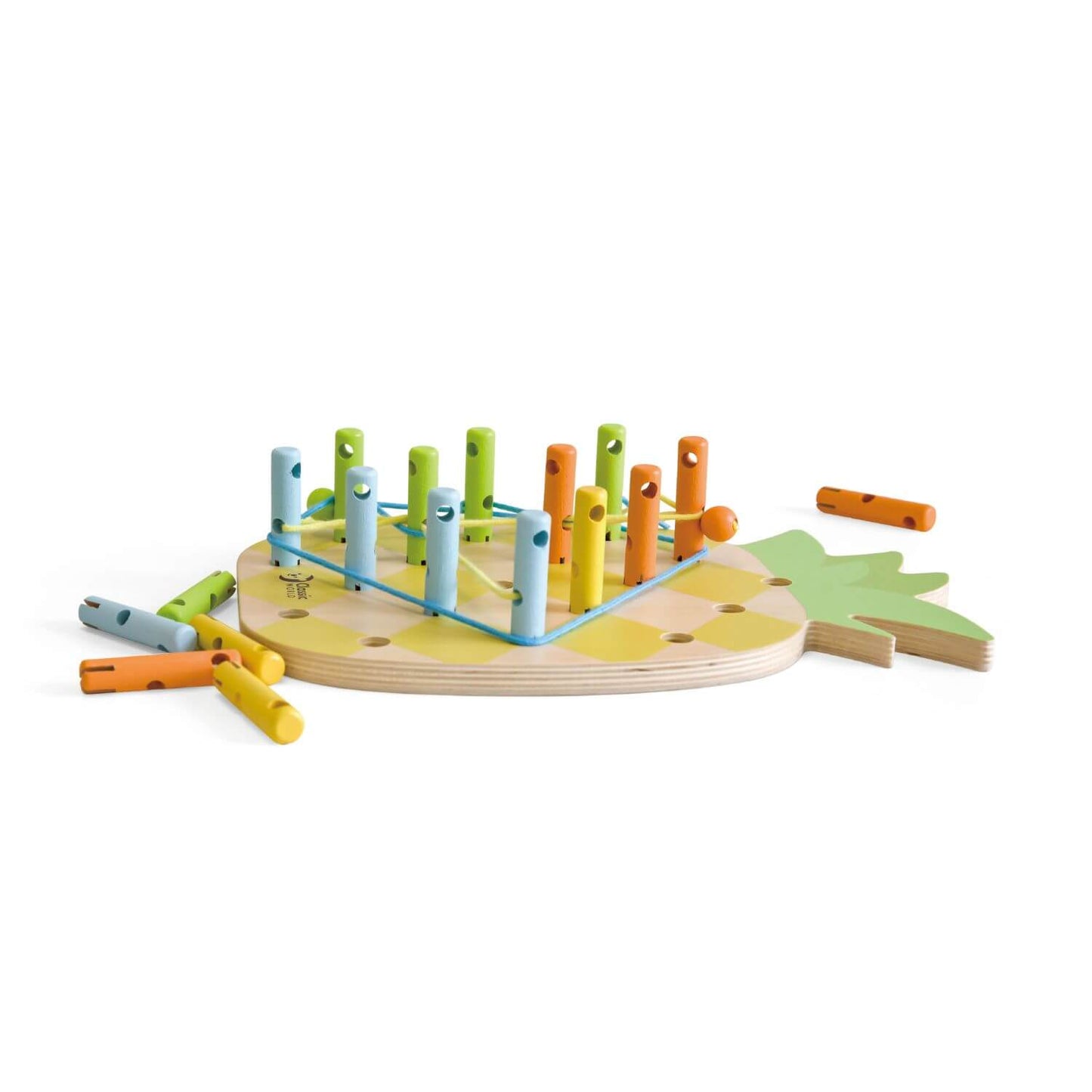 Pineapple Linking Game showing a vibrant wooden base, colourful pegs, and threads for creating 3D patterns and shapes.