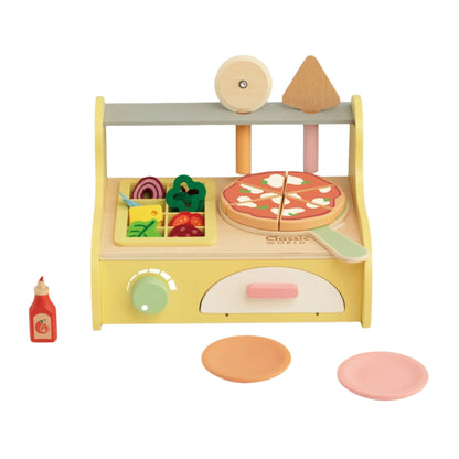 Classic World Pizza Oven with wooden toppings, a pizza paddle, and realistic features for imaginative and educational kitchen play.