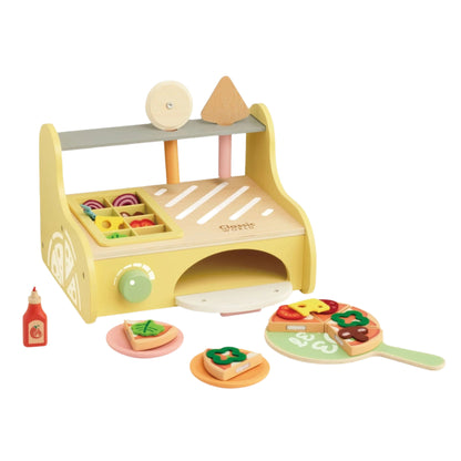 Toy Pizza Oven featuring wooden pizza slices, toppings, a paddle, and an oven setup for imaginative and creative play.