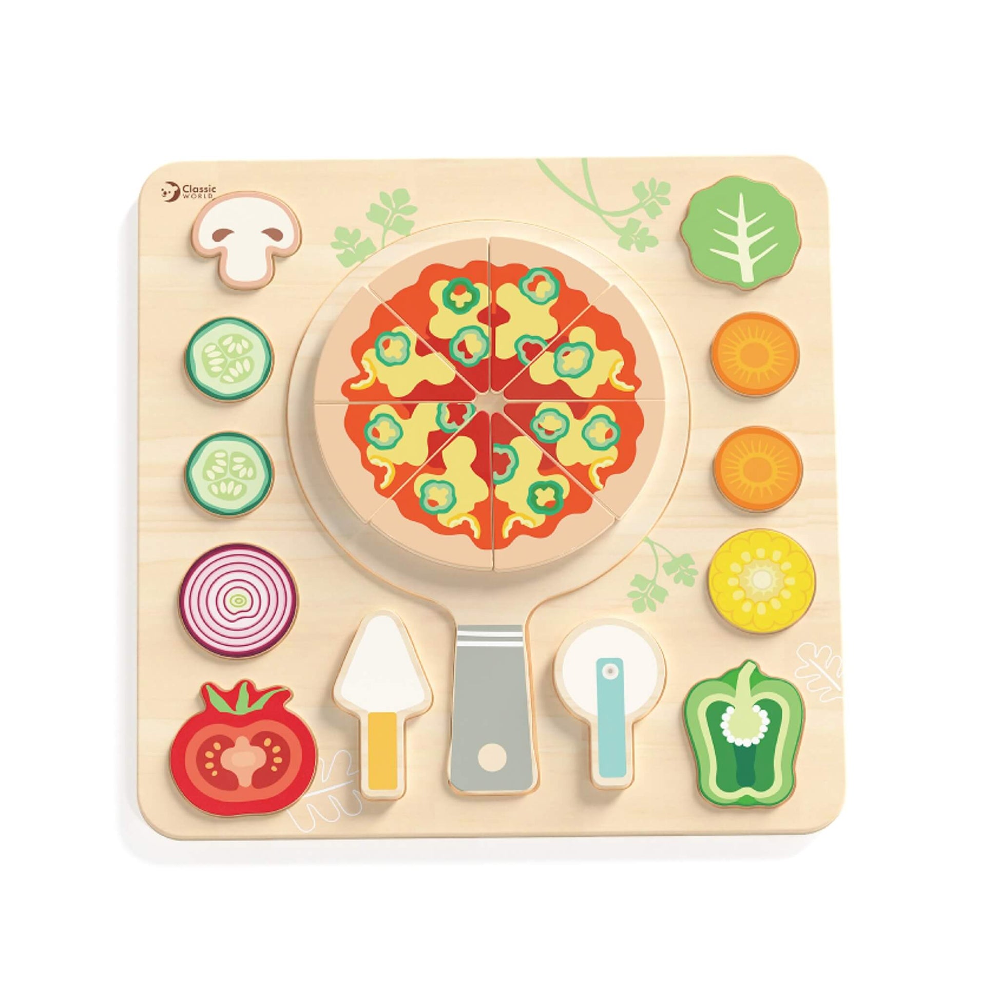 Classic World Pizza Puzzle wooden toy set with sliceable pizza, toppings and utensils on a wooden board.