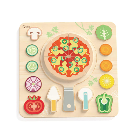 Classic World Pizza Puzzle wooden toy set with sliceable pizza, toppings and utensils on a wooden board.