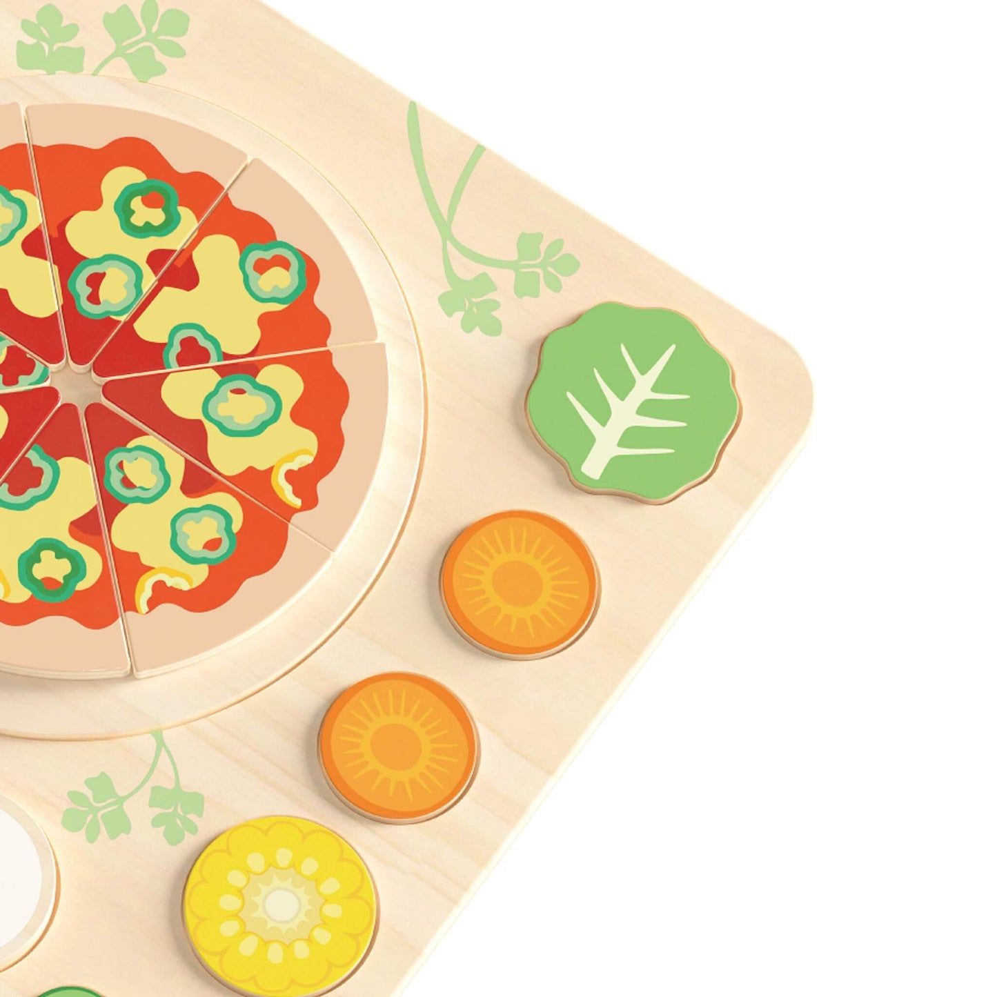 Close-up of wooden pizza puzzle with removable vegetable toppings including pepper, carrot and leafy greens.