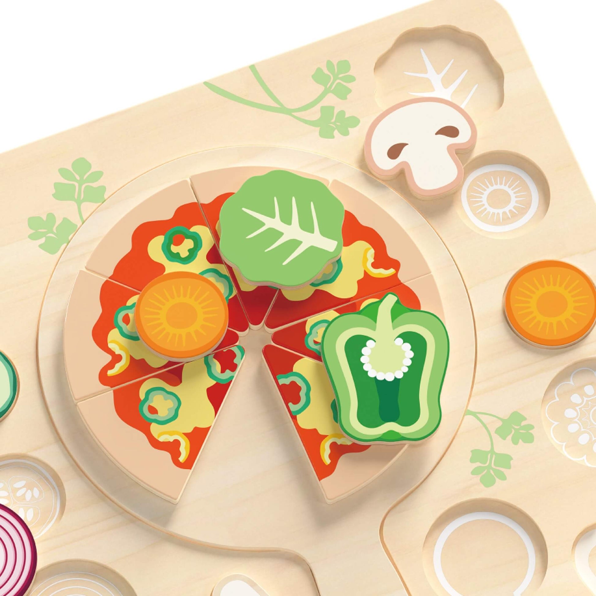 Wooden pizza slices arranged on a board with detachable toppings placed on top.