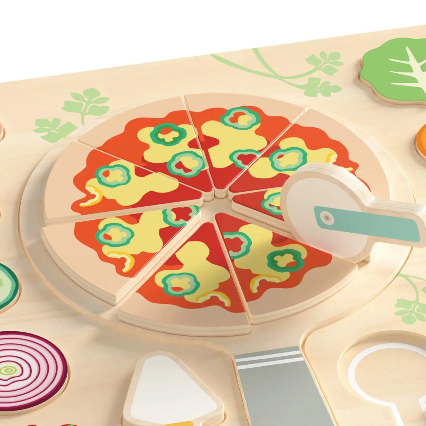 Wooden pizza puzzle with eight slice pieces and a toy pizza cutter positioned on the board.