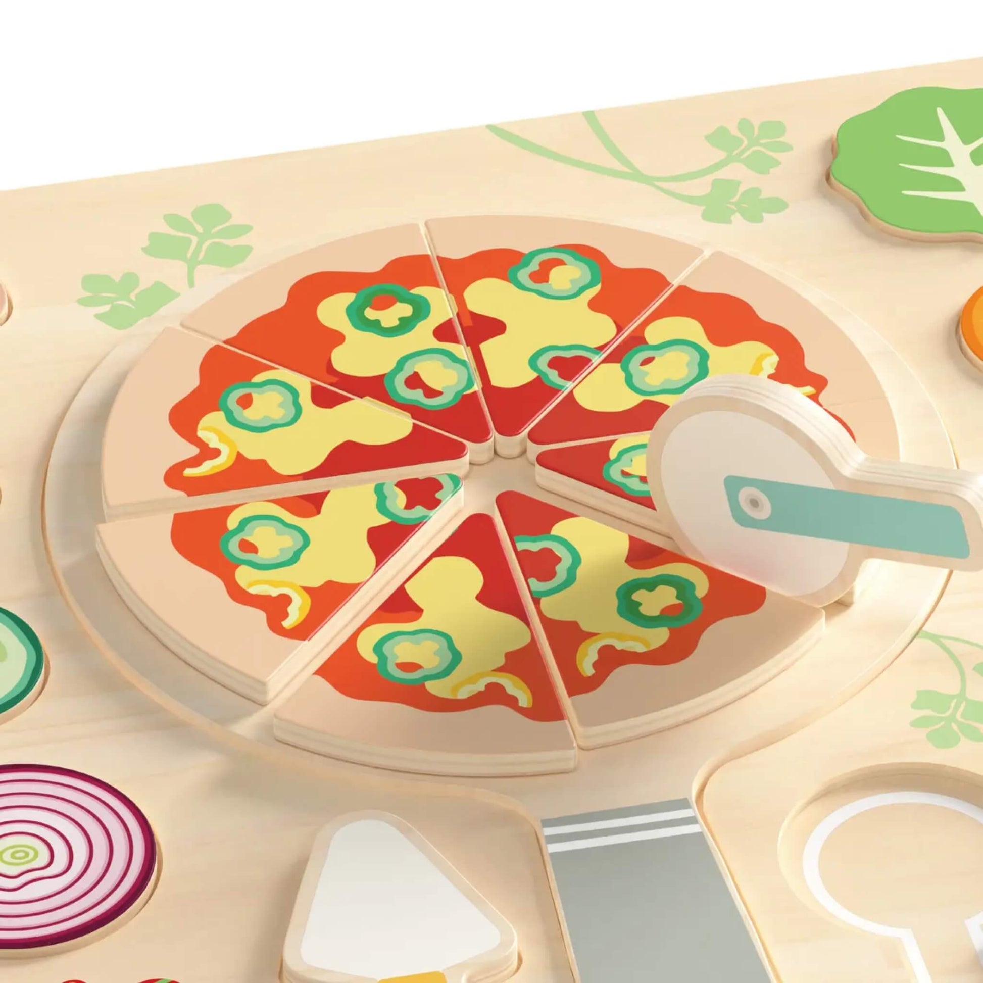 Wooden pizza puzzle with eight slice pieces and a toy pizza cutter positioned on the board.