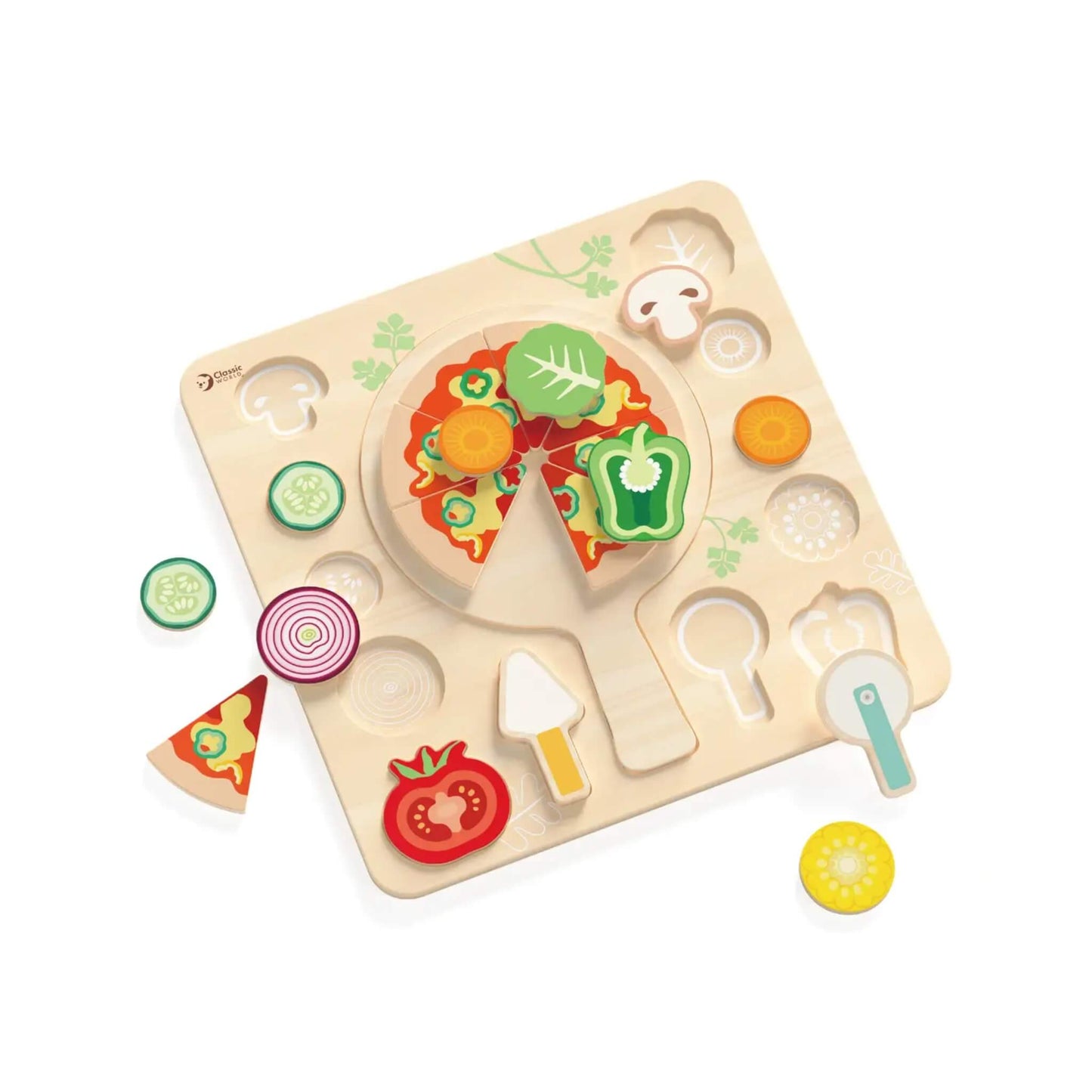 Wooden pizza puzzle set with loose toppings and utensils spread around the board for interactive play.