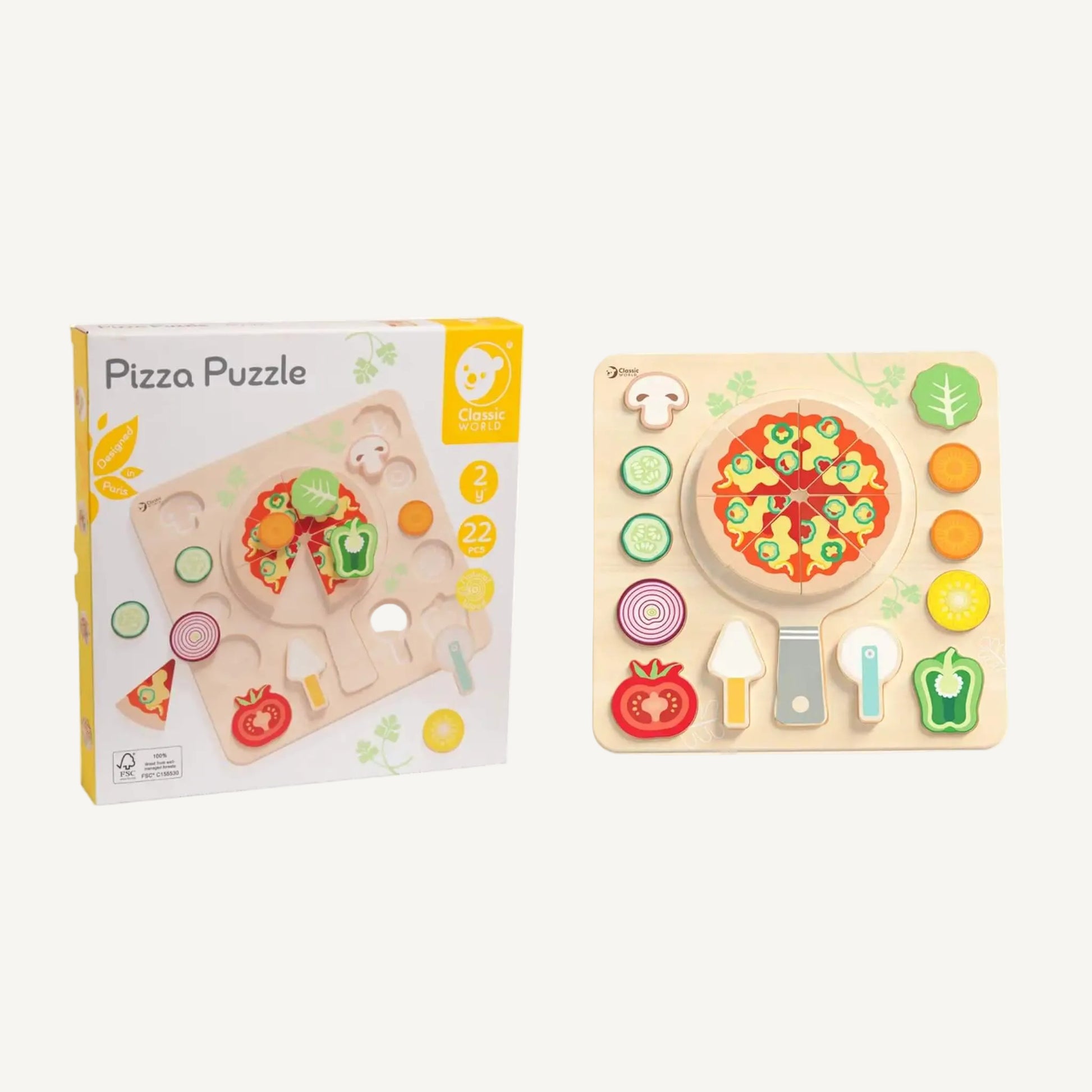 Packaging box showing wooden pizza puzzle set with toppings, utensils and play board included.