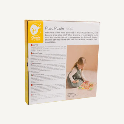 Back of product packaging displaying product information and image of child playing with pizza puzzle set.