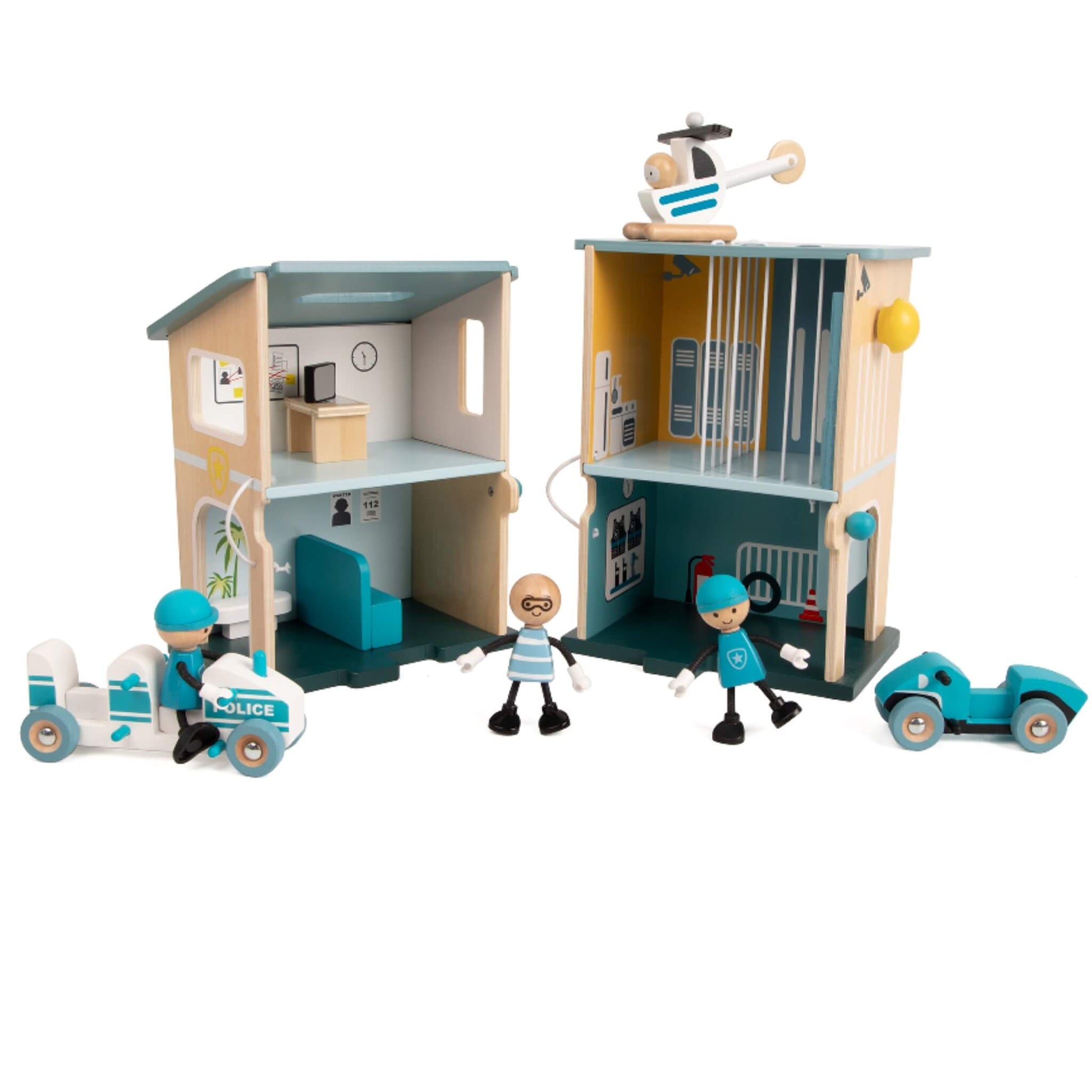 Classic World Police Station wooden playset with vehicles, figures, jail cell and helicopter for imaginative role play.