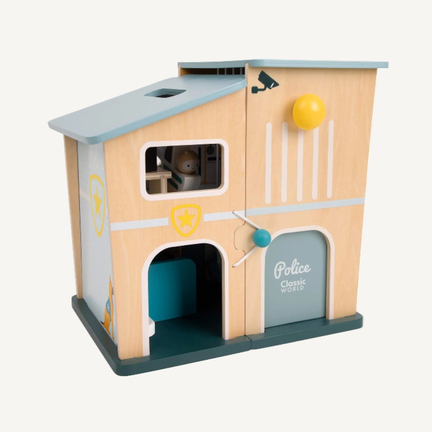 Closed wooden police station toy building with opening doors, police badge detail and soft pastel finish.