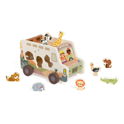 A wooden safari truck toy by Classic World, with painted animal details, wooden wheels, and matching animal figures like a zebra, giraffe, and lion.