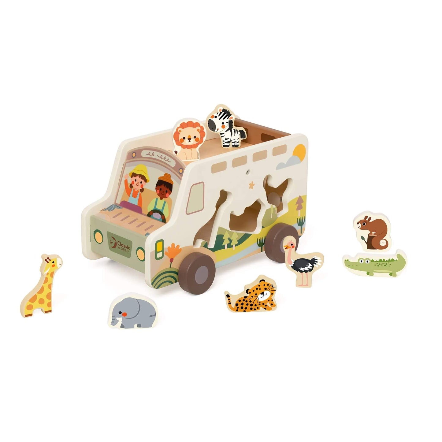 Side angle showing the wooden safari truck with safari animal shapes, animal figures placed around it, and painted driver characters in the cab.