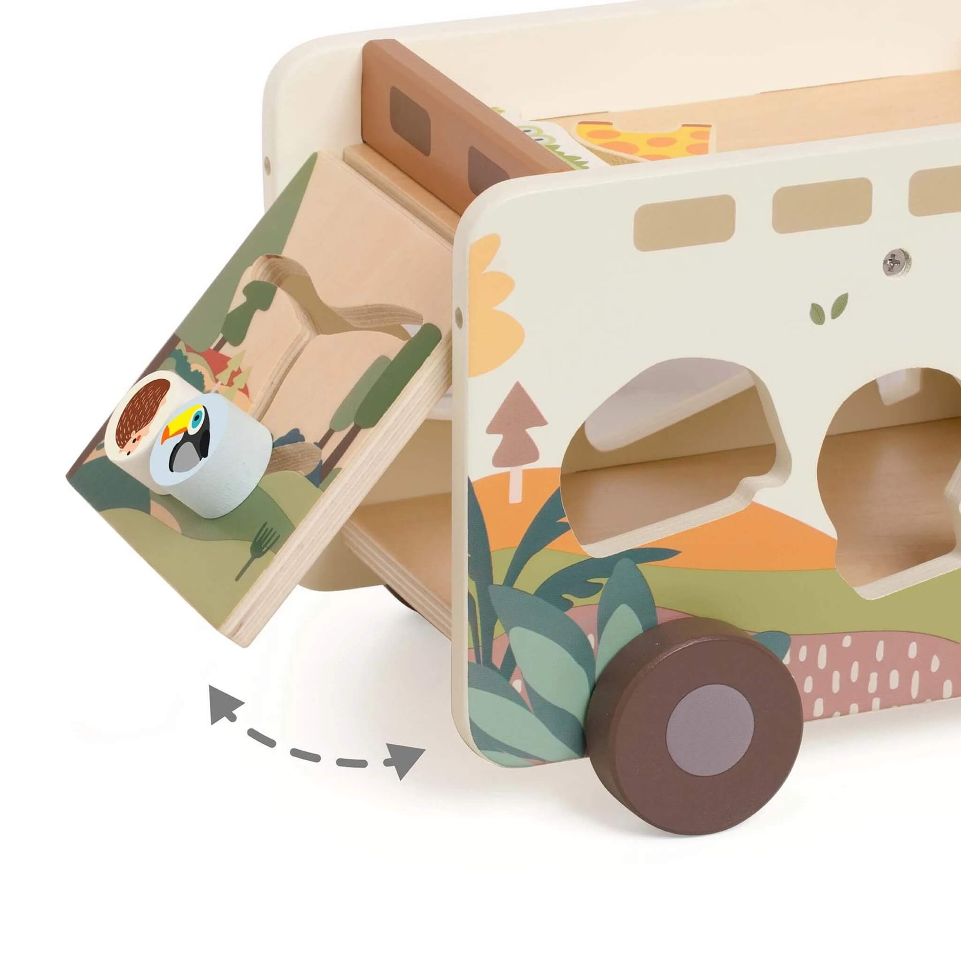 Close-up of the back of the safari truck with its wooden lift-up flap, revealing storage space for animal figures and painted jungle details.