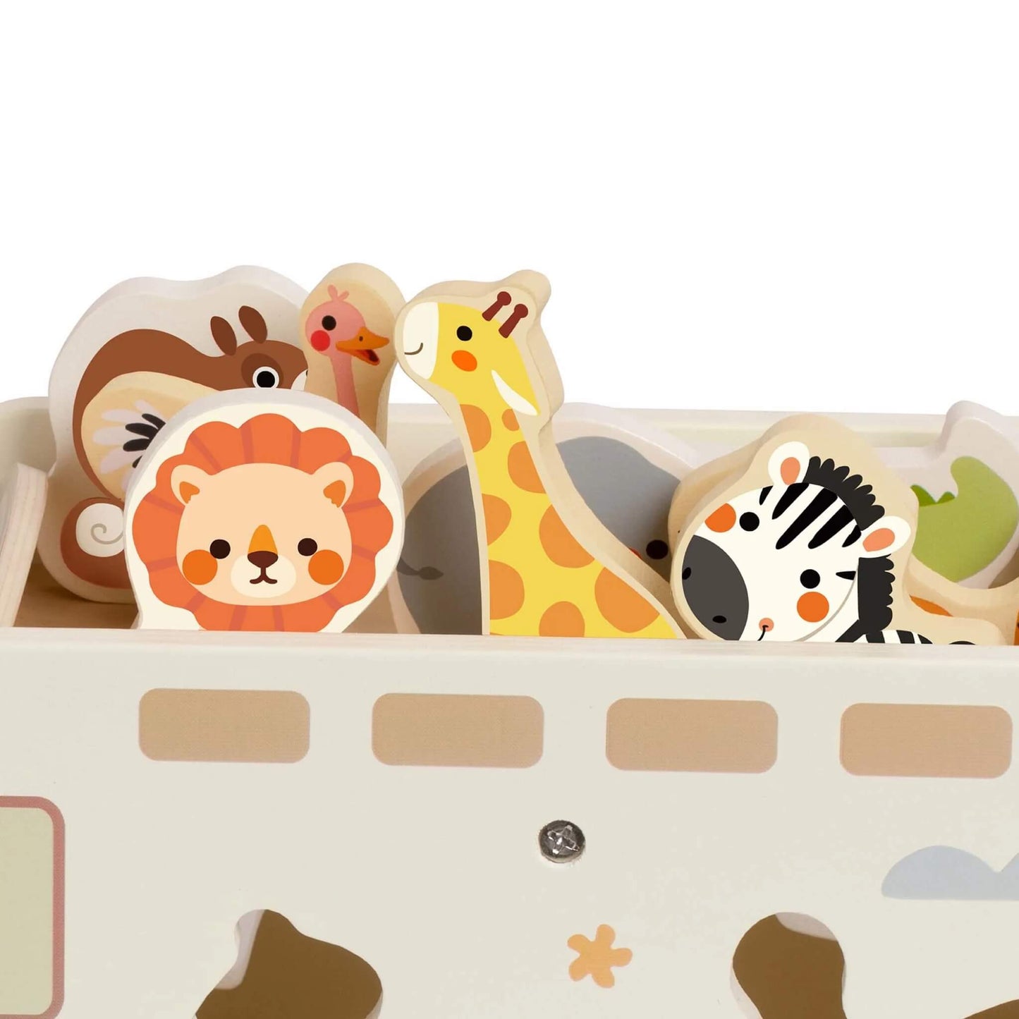 Top view of animal figures including lion, zebra, giraffe, squirrel, and ostrich peeking from inside the safari truck’s open top.