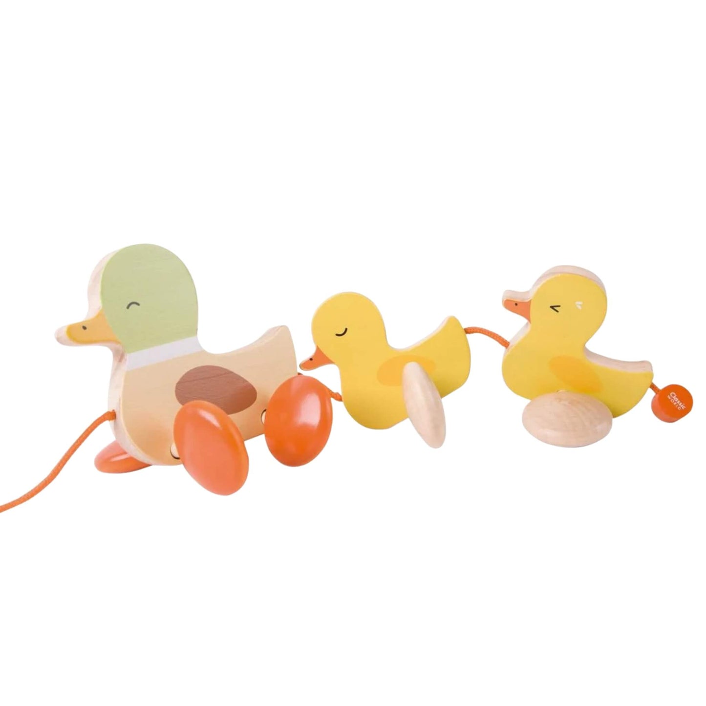Classic World Pull-Along Duck Family toy featureing three charming wooden ducks connected by string, with colourful wheels and painted yellow, cream, and green bodies.