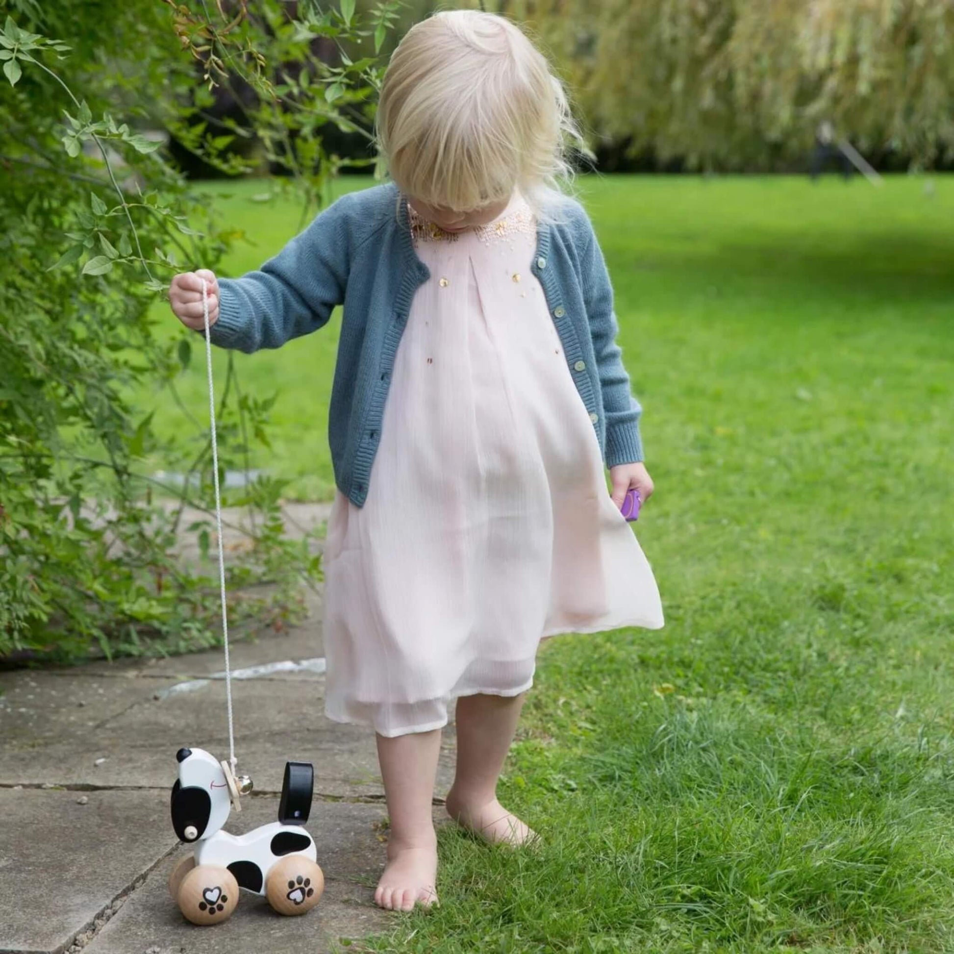 A toddler in a pale pink dress and blue cardigan walking barefoot on grass while holding the string of a wooden pull-along dog toy.
