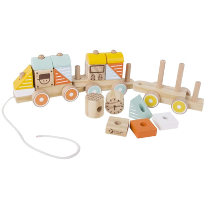 The Classic World Pull Train shown fully assembled with pastel wooden blocks in different shapes and patterns on three connected rolling carriages.
