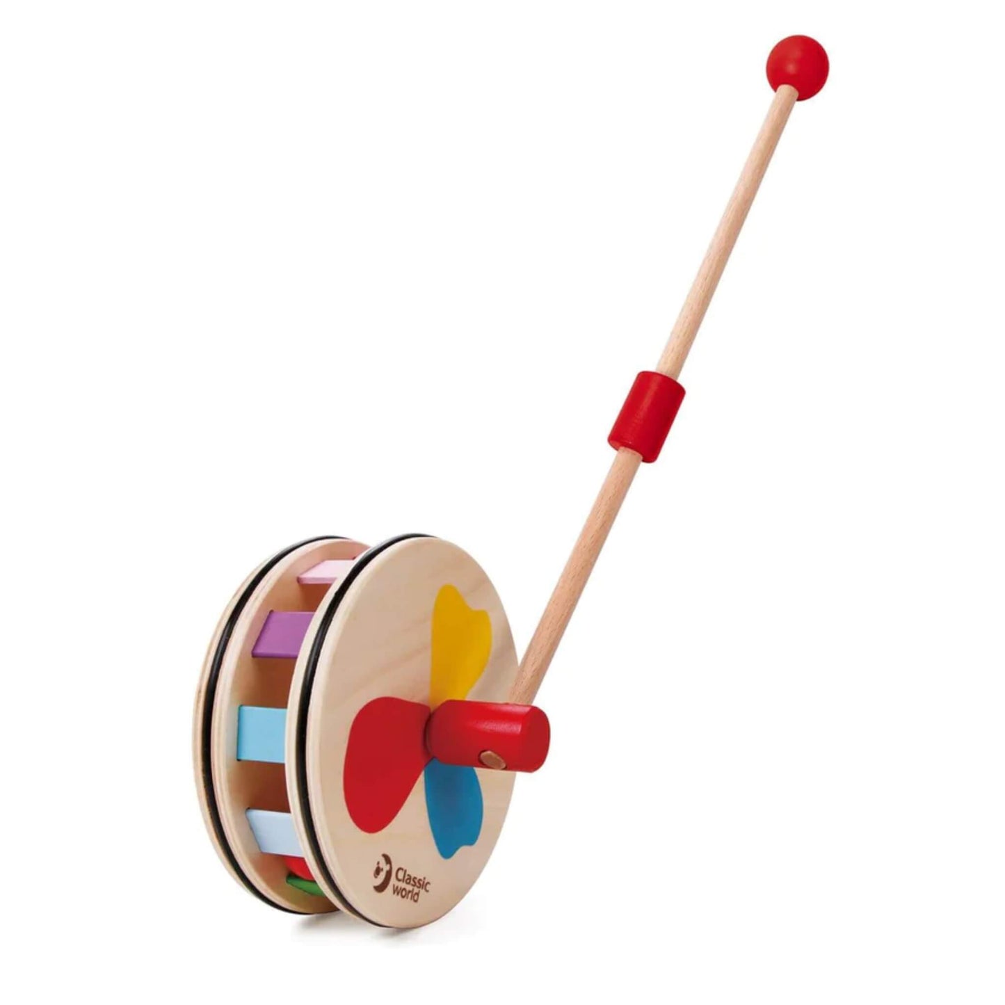 A Classic World Rainbow Roll push-along toy featuring a wooden wheel with brightly coloured paddles and a long natural wood handle tipped with red.