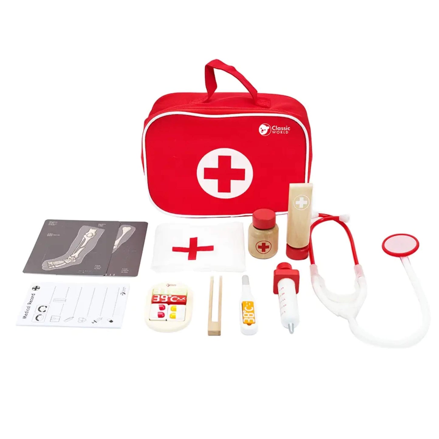 Classic World Red Doctor Kit wooden pretend play set with medical tools, stethoscope and carry case.