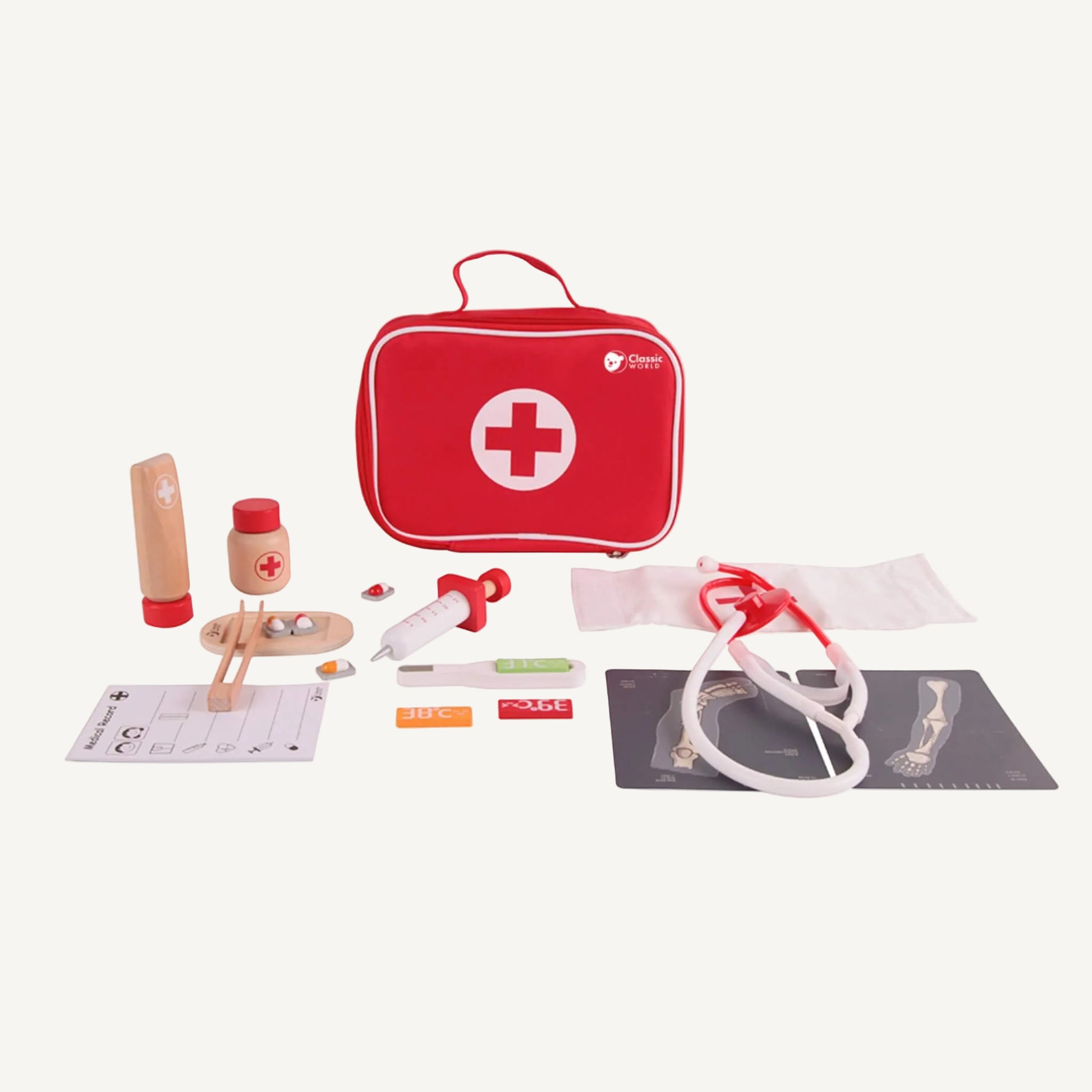 Wooden doctor play set arranged with medical tools including syringe, thermometer, tweezers and treatment chart.